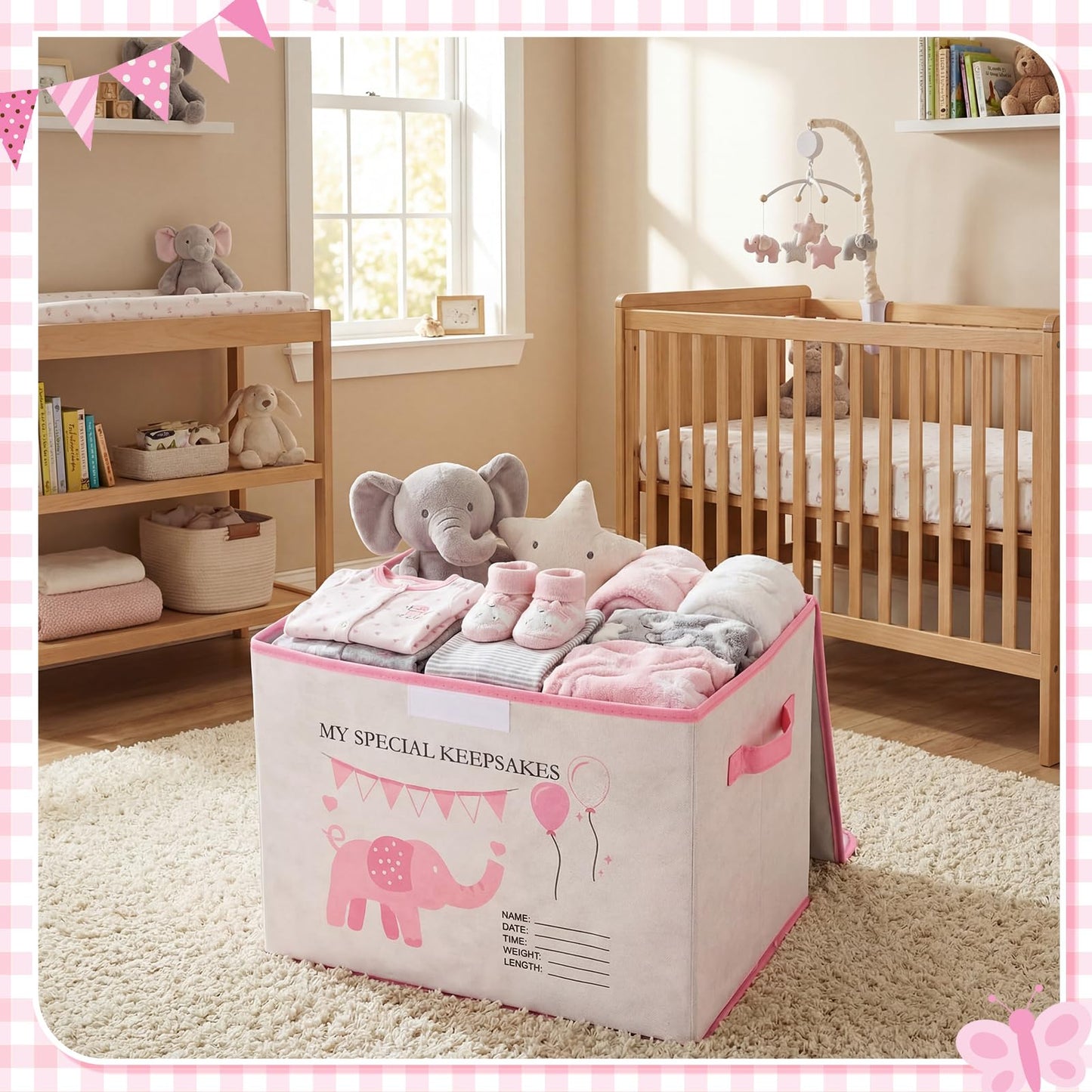 LemonRoad 16x12x12inch Baby Memories Keepsake Box Baby Shower Elephant First Keepsake Box New Parent Newborn Baptismal Birthday Gift for Mementos Travel Loved Ones Treasured Keepsakes (Pink)