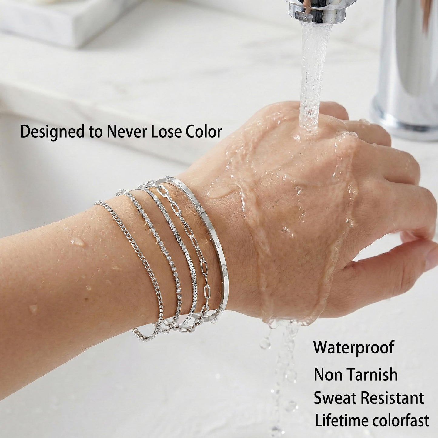 Silver Bracelets for Women 925 Silver Plated 5Pcs Dainty Bracelet Set - Waterproof Tarnish Free Stainless Steel Jewelry - Quiet Luxury Stackable Paperclip Herringbone Cuban Tennis Cuff Chain Gifts