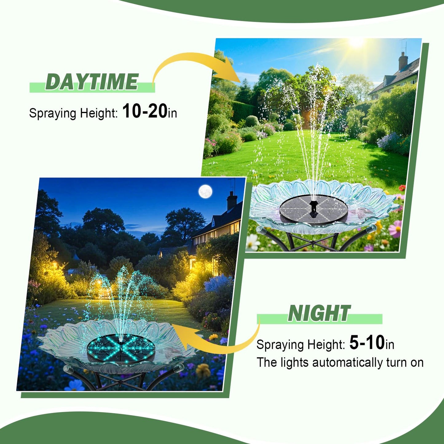 Yzert Upgraded Solar Fountain Bird Bath with 60 LED Lights, Solar Powered Water Fountain Pump with 4000mAh Battery 7 Nozzles 4 Fixers, for Garden Patio Pond Birdbath Pool