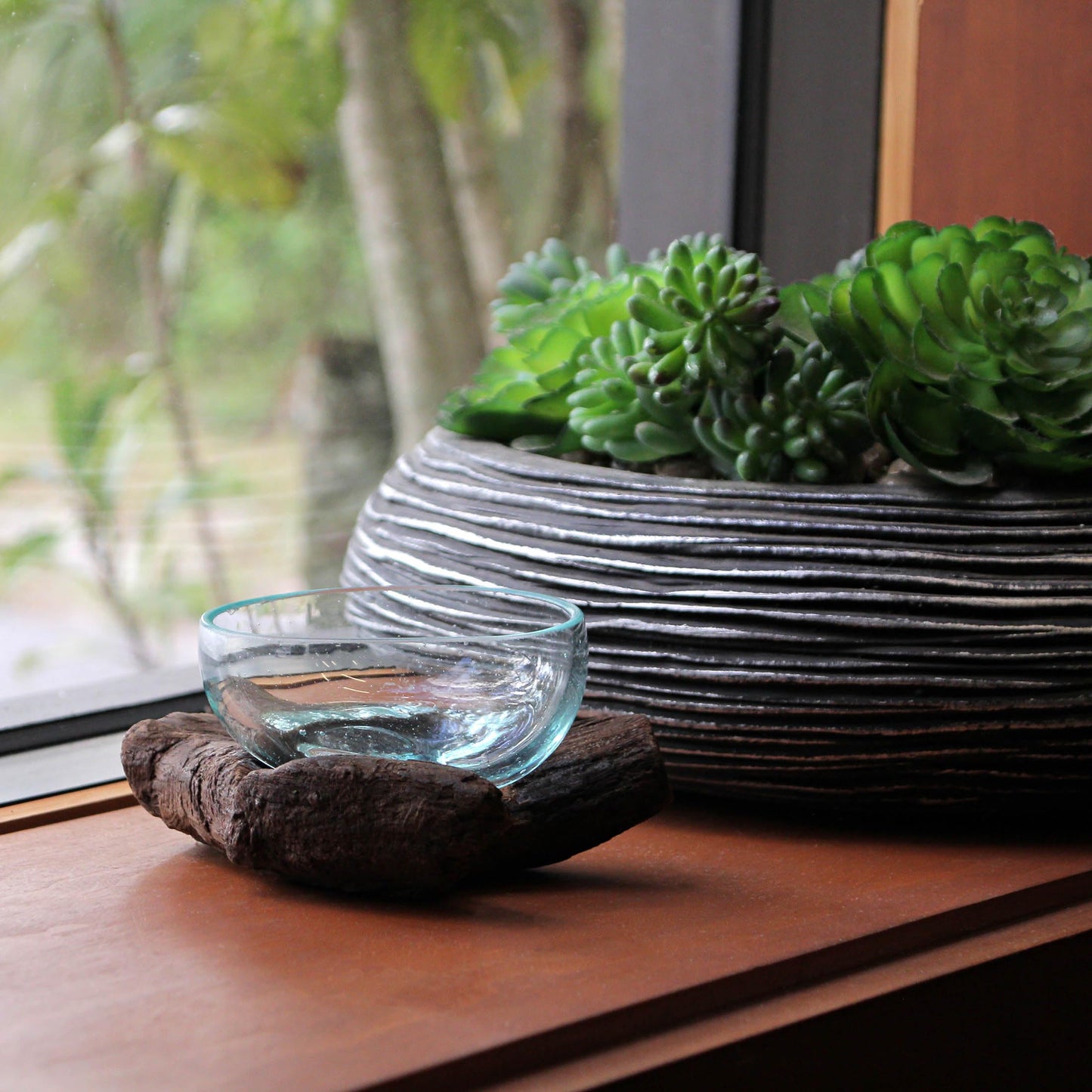 Wide-Mouth Glass and Teak Driftwood Sculptural Bowl – Unique 3.25” High, 5.75” Long, 4.5” Wide Decorative Centerpiece for Succulent Gardens, Floral Arrangements, and Home Décor