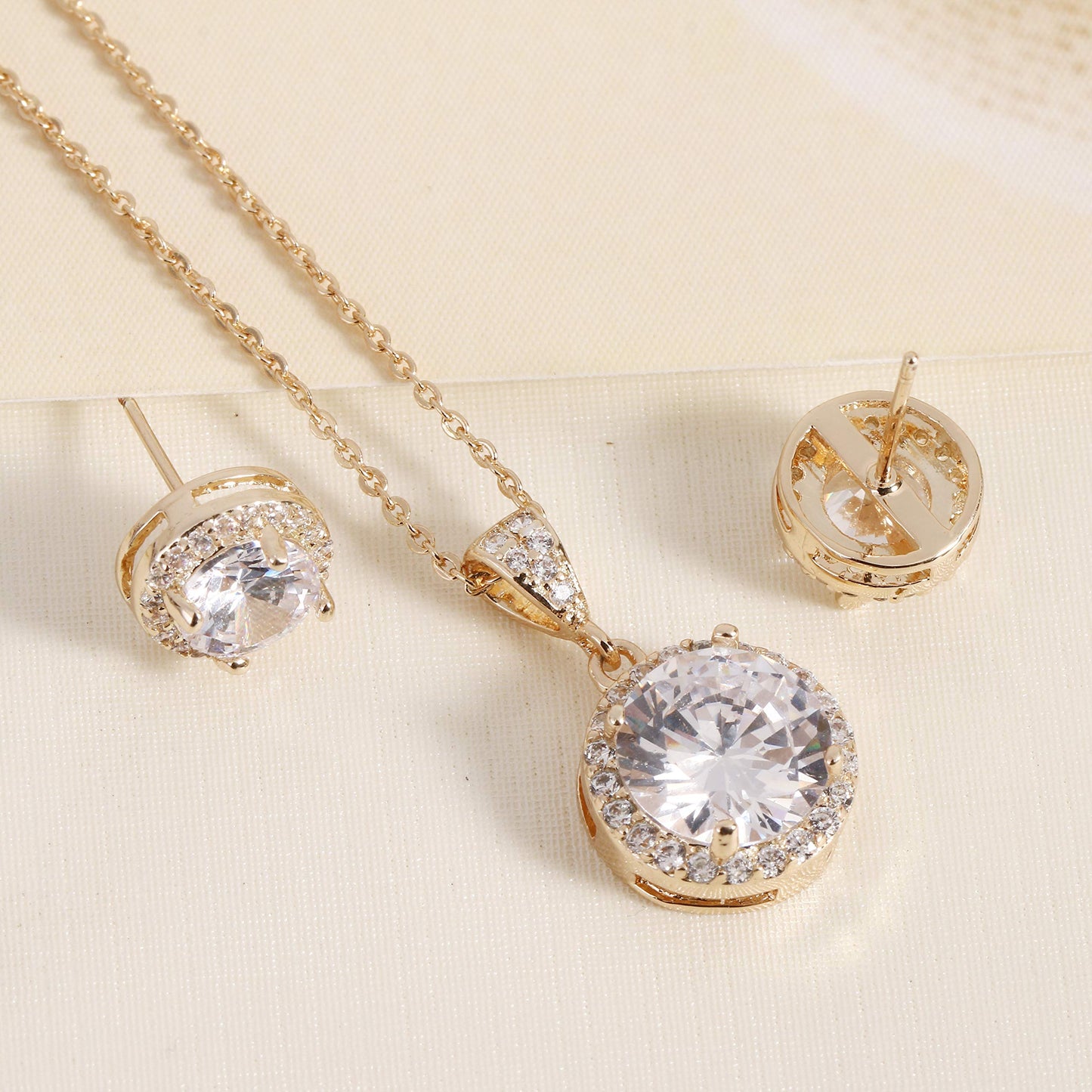 AMYJANE Crystal Jewelry Set Bride Bridesmaids - 14k Gold Plated Sterling Silver Round Cubic Zirconia Crystal cz Bridal Pendant Necklace Earrings Set for Women Party Prom