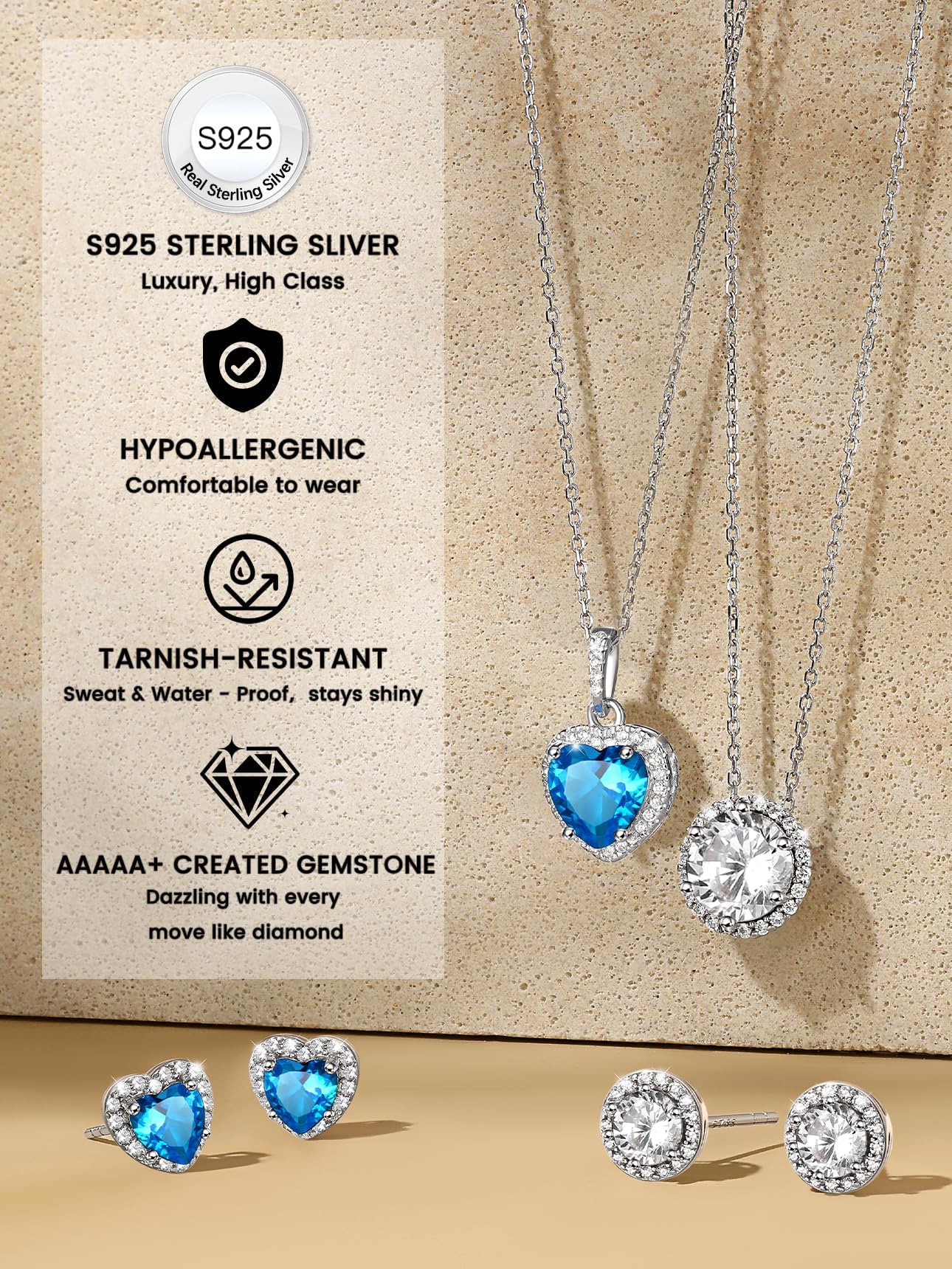 Bestyle CZ Heart Diamond Stud Earrings 5mm December Blue Topaz Birthstone Solitaire Earrings, 925 Sterling Silver Earrings Jewelry Gift for Wedding Anniversary Birthday