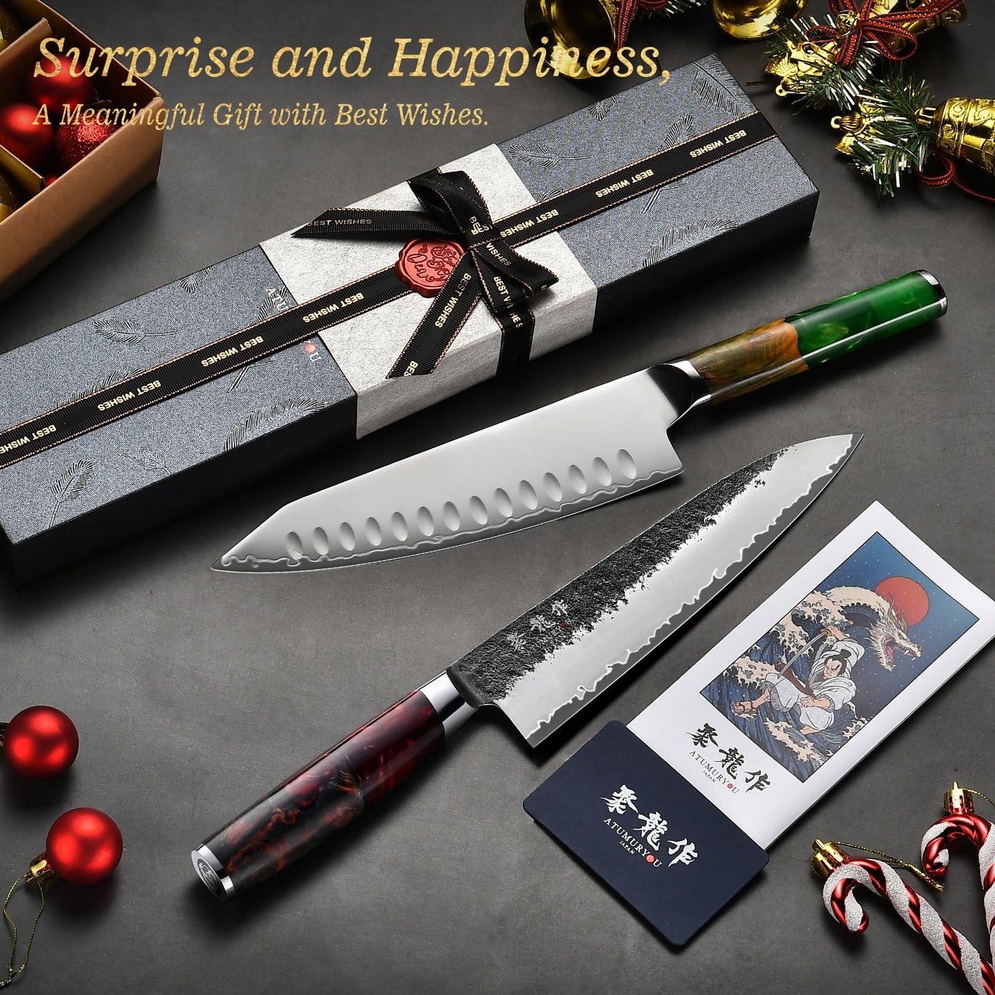 Japanese Chef Knife, 8 Inch Hand Forged Kitchen Knives with VG10 Core, Professional Gyuto Knife for Home & Restaurant, Sanmai Chefs Knives with Ergonomic Red Handle, Cooking Gifts for Men Women