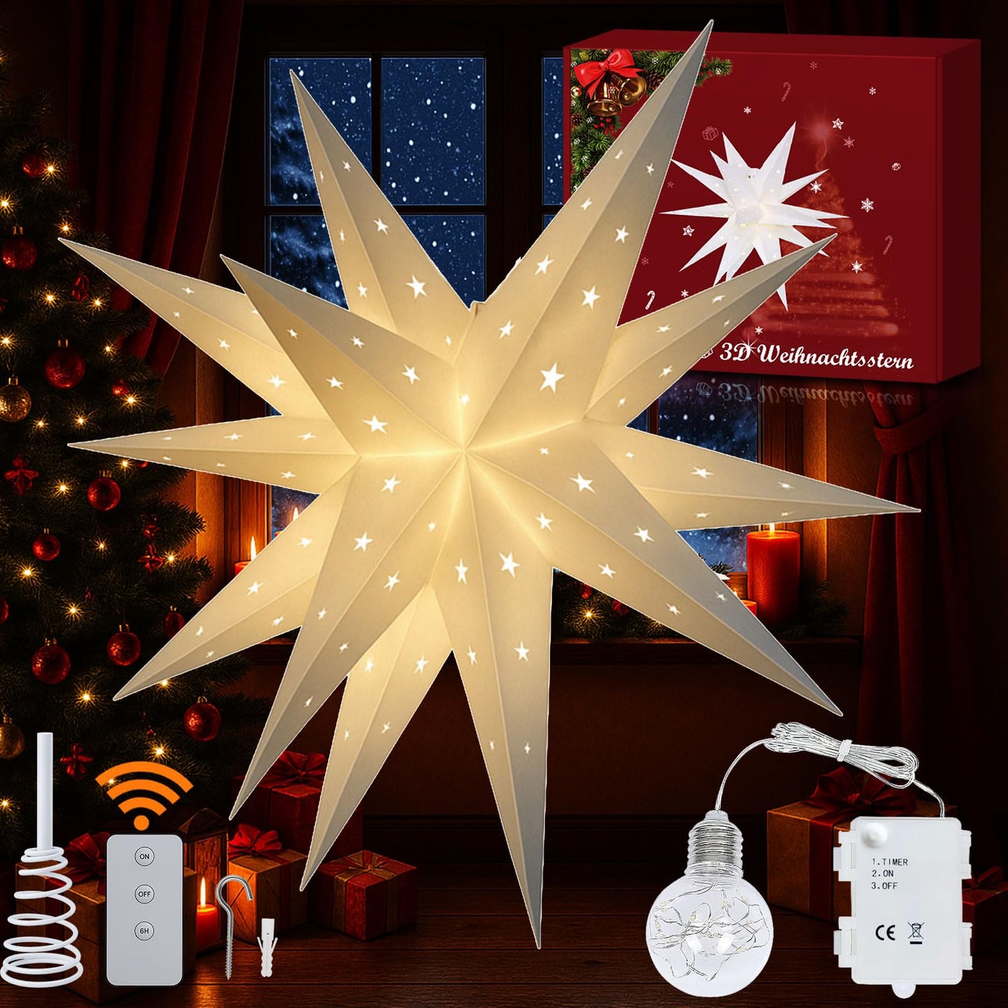 YPGFDZYDHH 23" Large Moravian Star Outdoor Light, Moravian Star Christmas Tree Topper Lighted Battery Operated, Remote Control Hanging Outdoor/Indoor Tree Topper Light for Courtyard, Porch-White