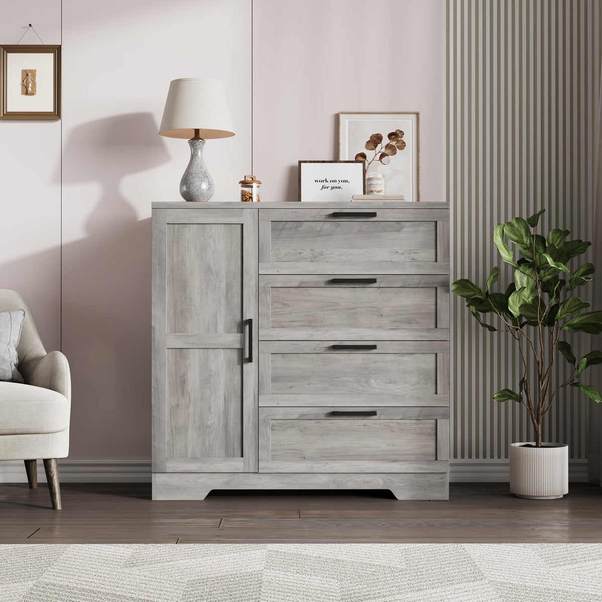GarveeHome Wood Armoire Wardrobe Closet with 4 Drawers and Door, 43.3 in H Bedroom Wardrobe Cabinet with Hanging Rod, Clothing Storage Cabinets, 4 Drawers Dresser with Storage Closet, Gray