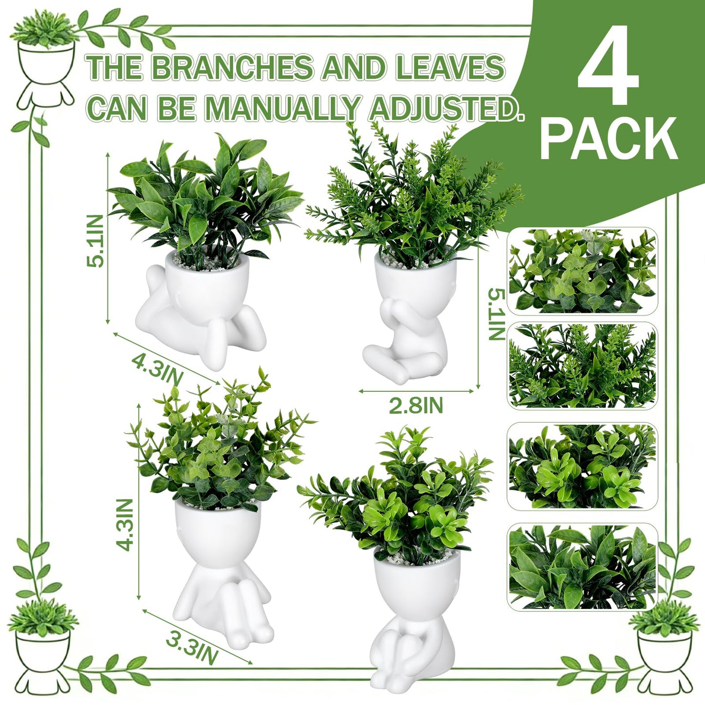 Tigeen 4 Packs Creative Fake Plants in Playful Human Shaped Pots Vase Cute Desk Decor Mini Artificial Greenery Positive Office Gifts Small Fake Plants for Desk Shelves Tabletop Modern Home Decoration