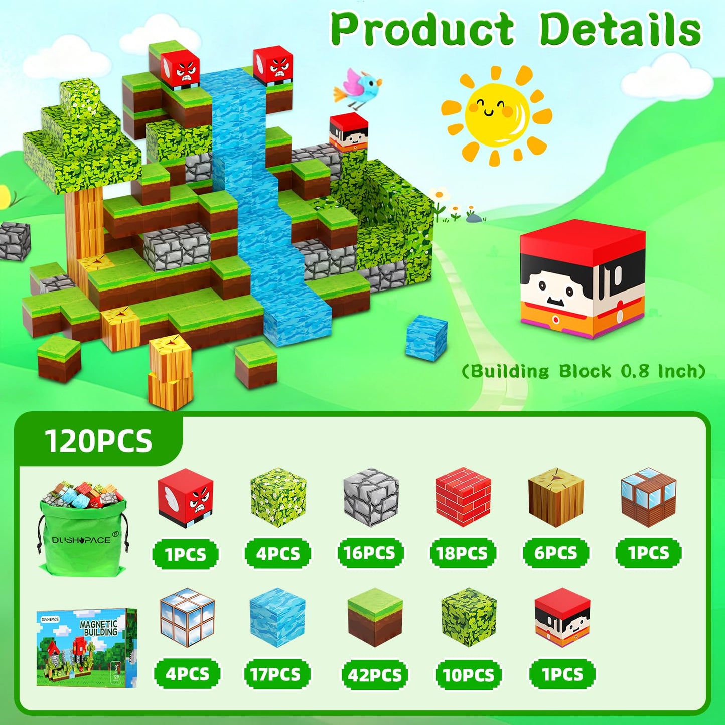 DUSH PACE Magnetic Building Blocks STEM Toys for Kids Ages 3-12 – 120 PCS Educational Construction Set with Storage Bag, Safe & Durable Learning Toys for Toddlers Children Boys Girls