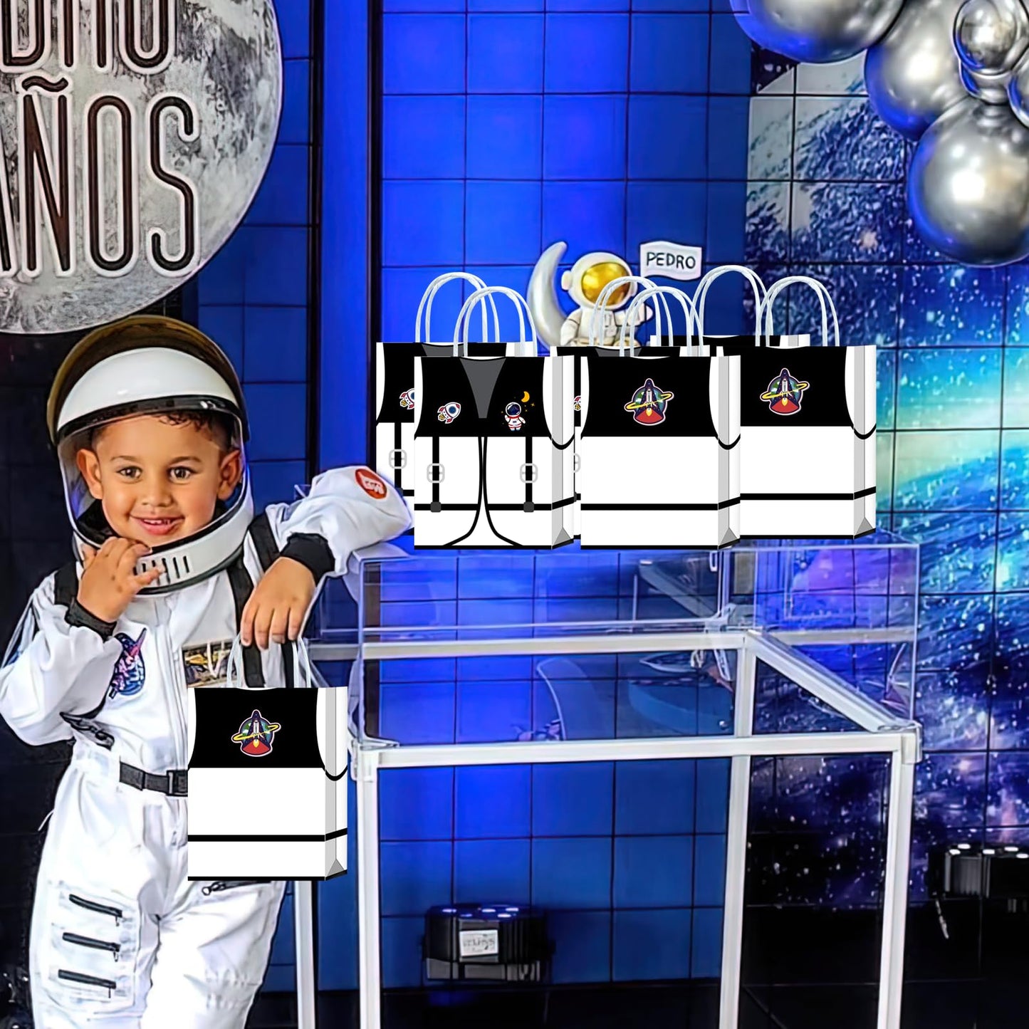 16 Pieces Astronaut Vest Birthday Goodie Bags,Outer Space Gift Snacks Treat Candy Favors Bags with Handles for Space Suit Theme Birthday Party Decorations