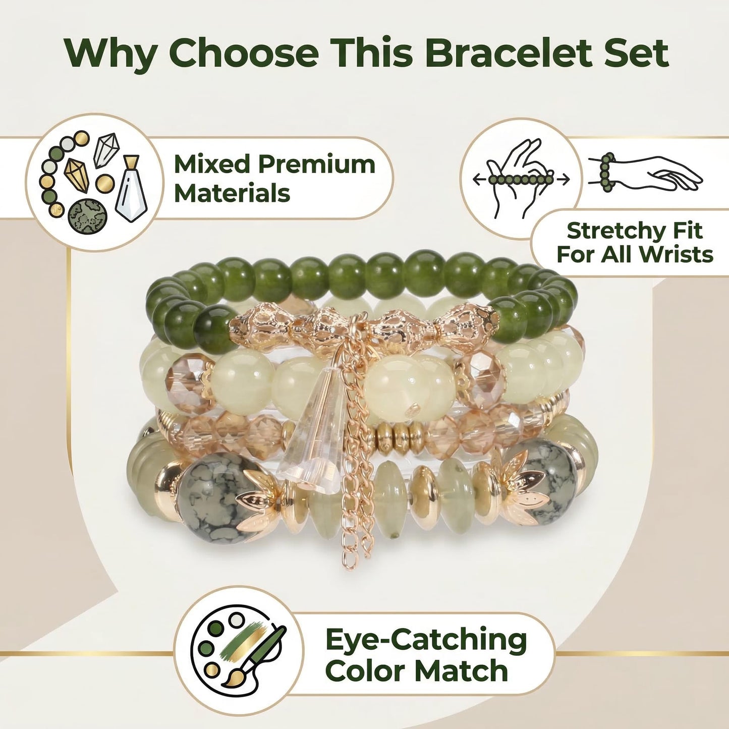 LOTSOF Bohemian Green Jade Stackable Bracelet Set - 4-Layer Stretch Beaded Bracelets with Gold Accents, Boho Jewelry for Women, Fashion Statement Accessory (Gift Ready) (Green)