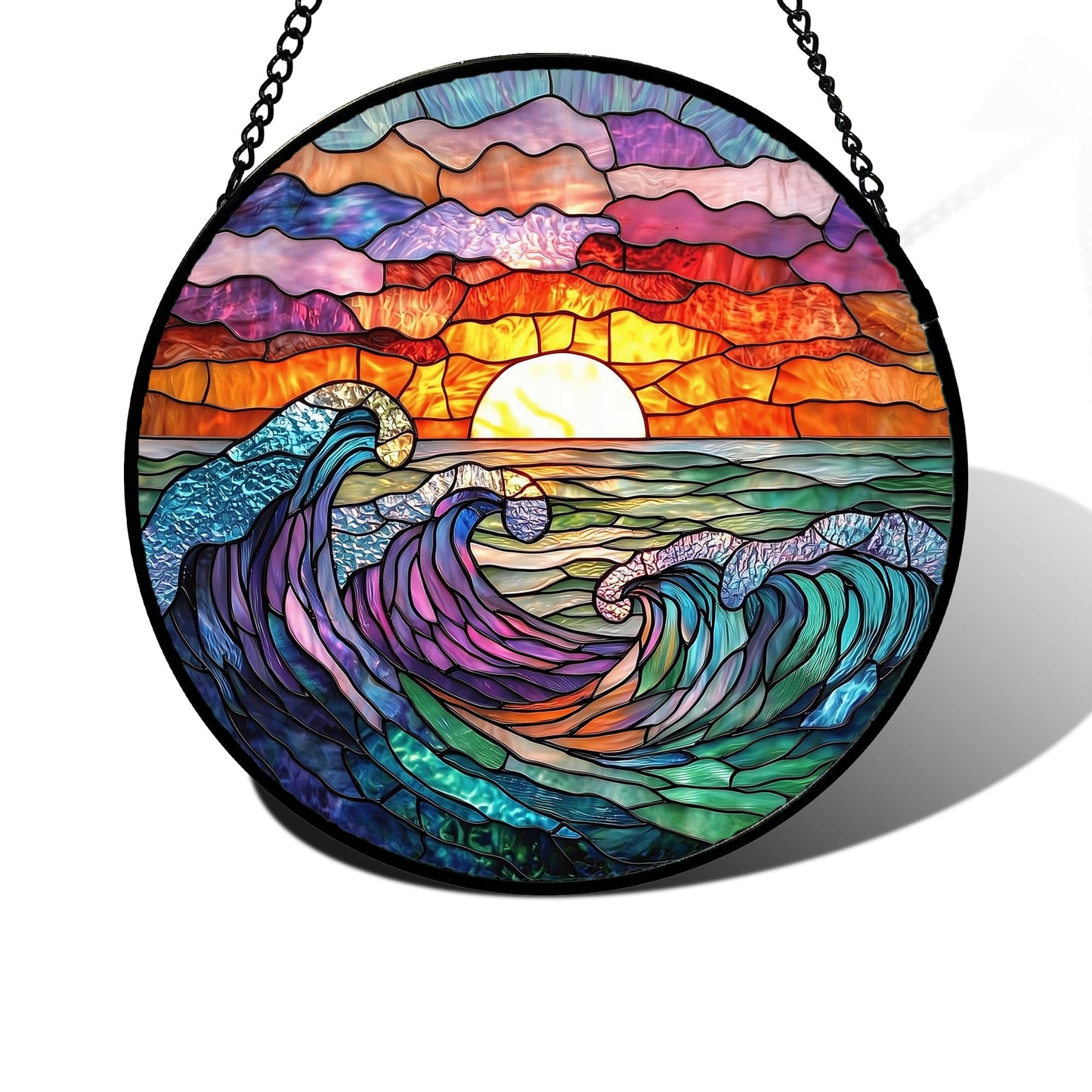 DASTOLL Stained Glass Window Hanging, Clouds and Sea Waves Suncatcher Diamond Glass Panel Hangings Scenery Sun Catchers Decor for Birthday for Women, Men, Wife, Aunt, and Mom 9.8 in