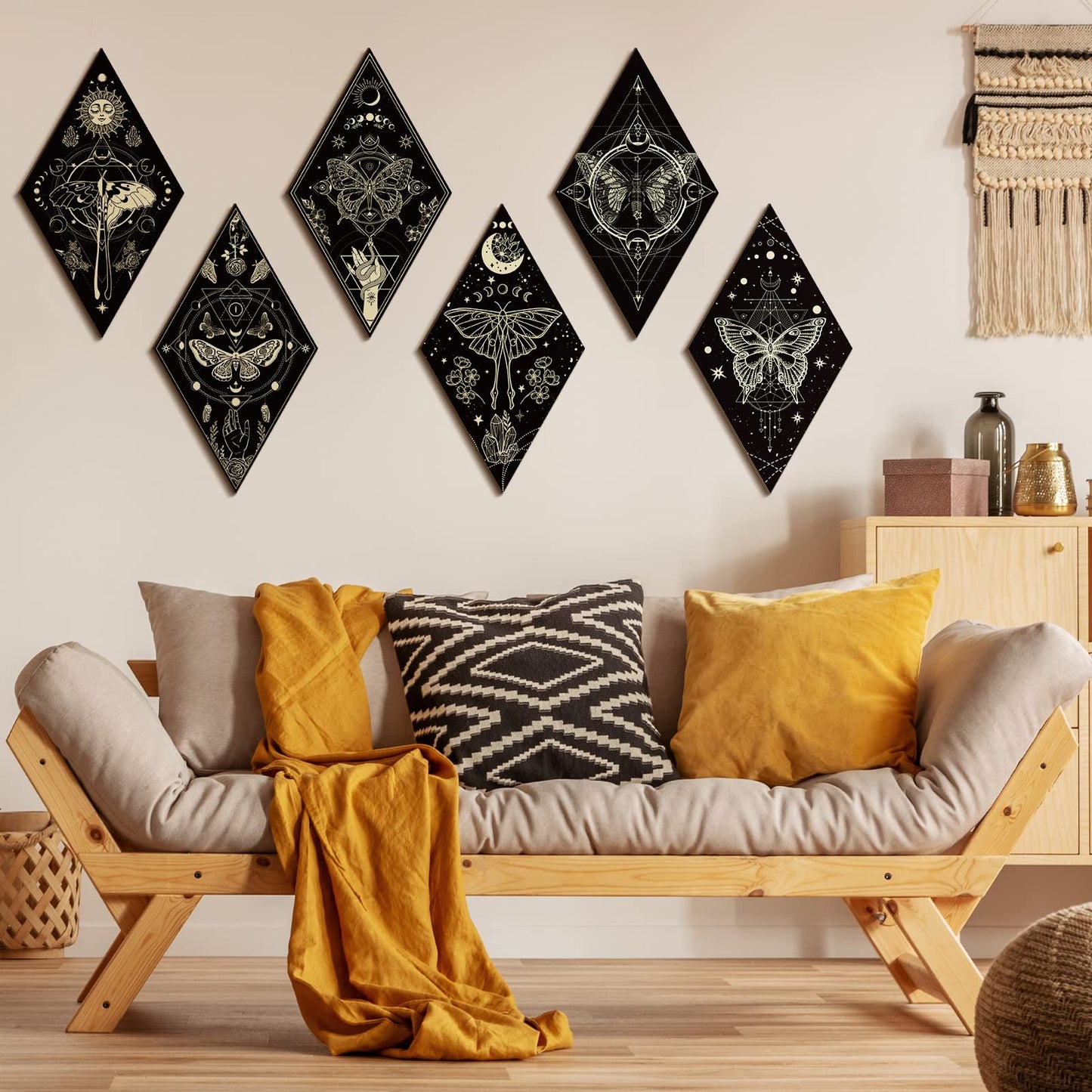 Sintuff 6 Pieces Gothic Wall Decor Boho Sun Moon Phases Wall Art Gothic Minimalist Stars Sun Hanging Wooden Home Decor Farmhouse Pediments for Gallery Living Bedroom Room(Mysterious)