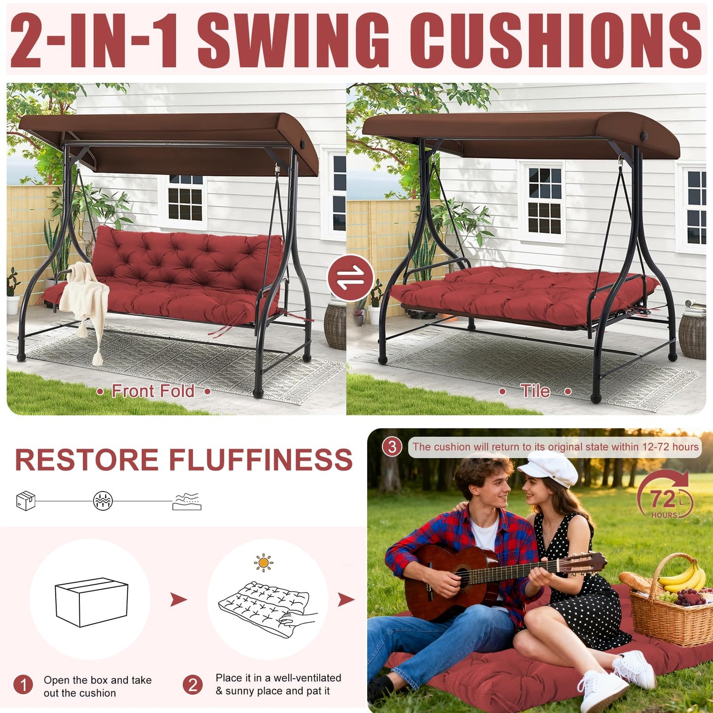 Porch Swing Cushions Outdoor 60 inch x 40 Waterproof Swing Cushions 3 Seater Replacement with Backrest & 8 Ties 5" Thick Bench Swing Cushions for Outdoor Furniture Patio(Wine red)