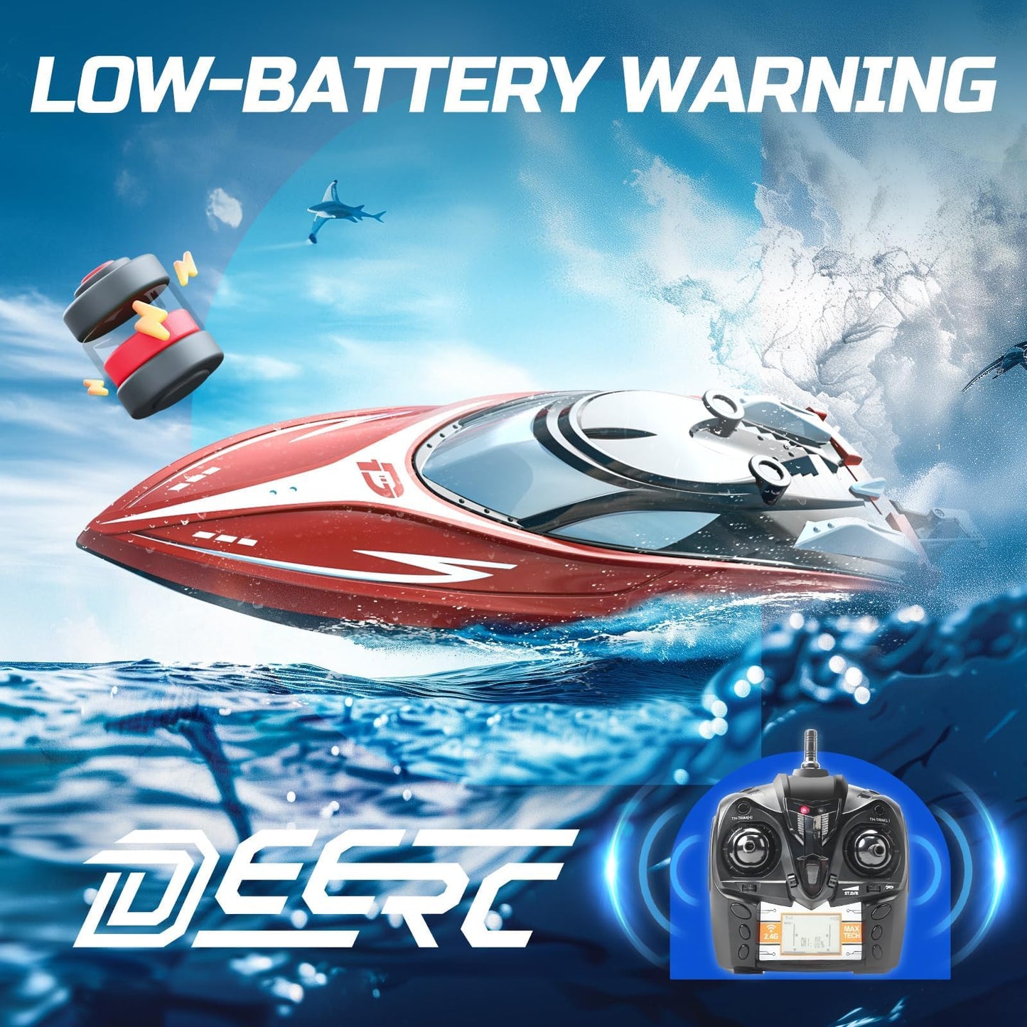 DEERC H120 Fast RC Boat for Pools and Lakes, 2.4 GHz 20+ MPH Racing Boats for Kids & Adults with Rechargeable Battery,Low Battery Alarm,Capsize Recovery,Gifts for Boys Girls