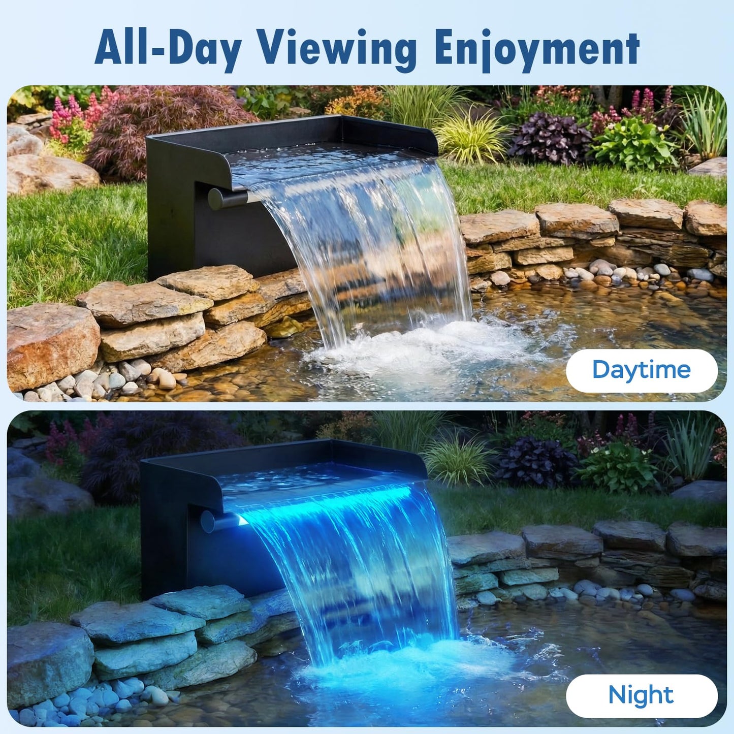 Devopet Pond Waterfall Spillway Kit, 12" Stainless Steel Spillway with Remote Control LED Lights, 660GPH Submersible Water Pump, Outdoor Waterfall Fountain for Water Feature, Garden, Backyard, Pool
