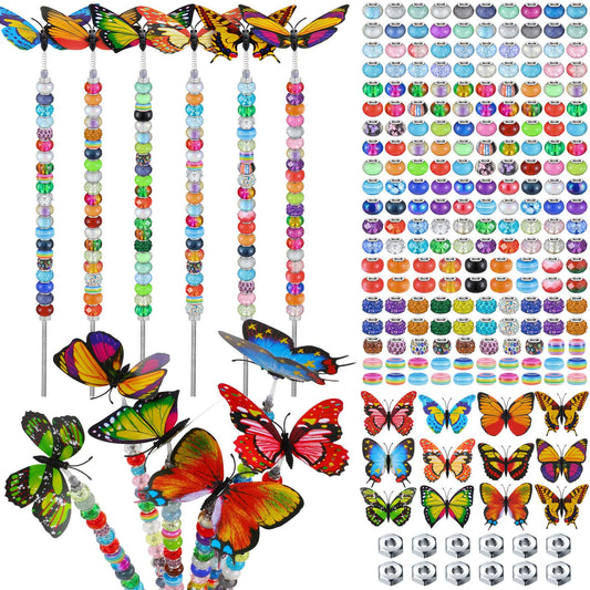 Tigeen 236 Pcs Garden Stake DIY Fairy Wand Plant Stake with 12 Colorful Crystal Stopper Top 12 Threaded Rod with 200 Large Hole Bead for Spring Summer Holiday Outdoor Decorations(Butterfly)
