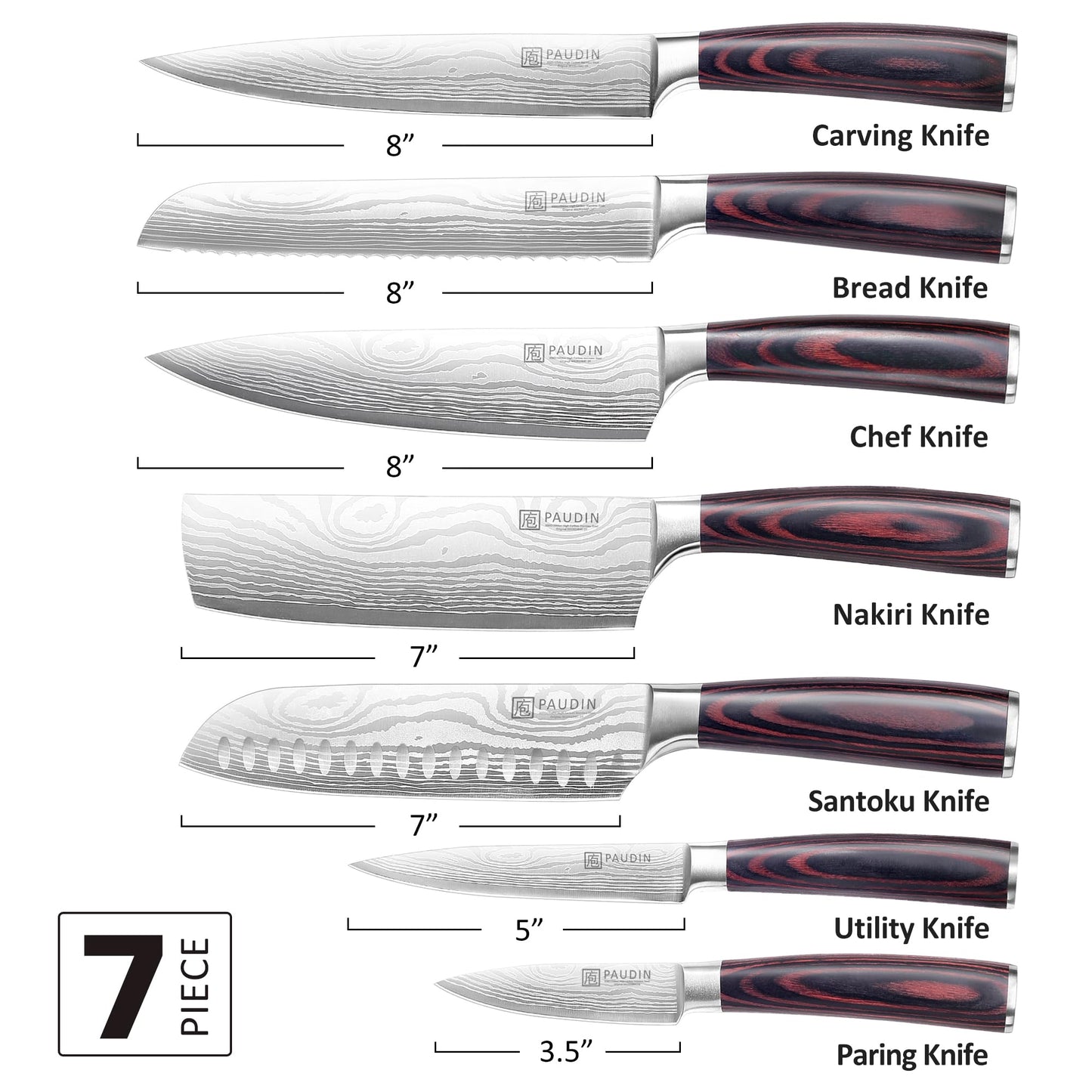 PAUDIN Chef Knife Set, 7 Pieces Kitchen Knife Set, High Carbon Stainless Steel, Ultra Sharp Knife Set, Professional Knives Set for Kitchen with Pakkawood Handle
