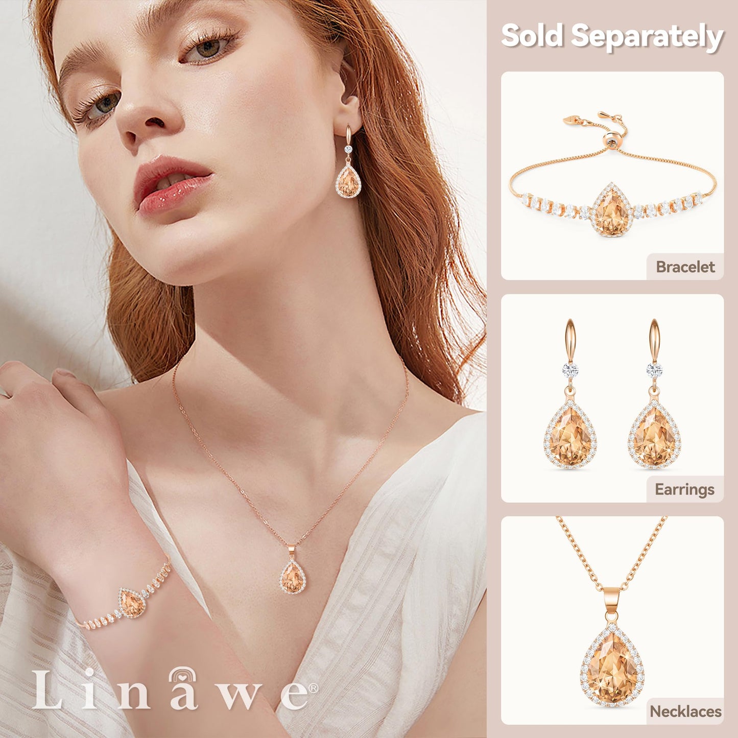 Linawe Rhinestone Fake Diamond Pendant Necklace for Women Trendy, Rose Gold Color Champagne Cubic Zirconia Crystal Moissanite Gemstone Tear Drop Necklaces, Dainty Simple Solitaire Necklace