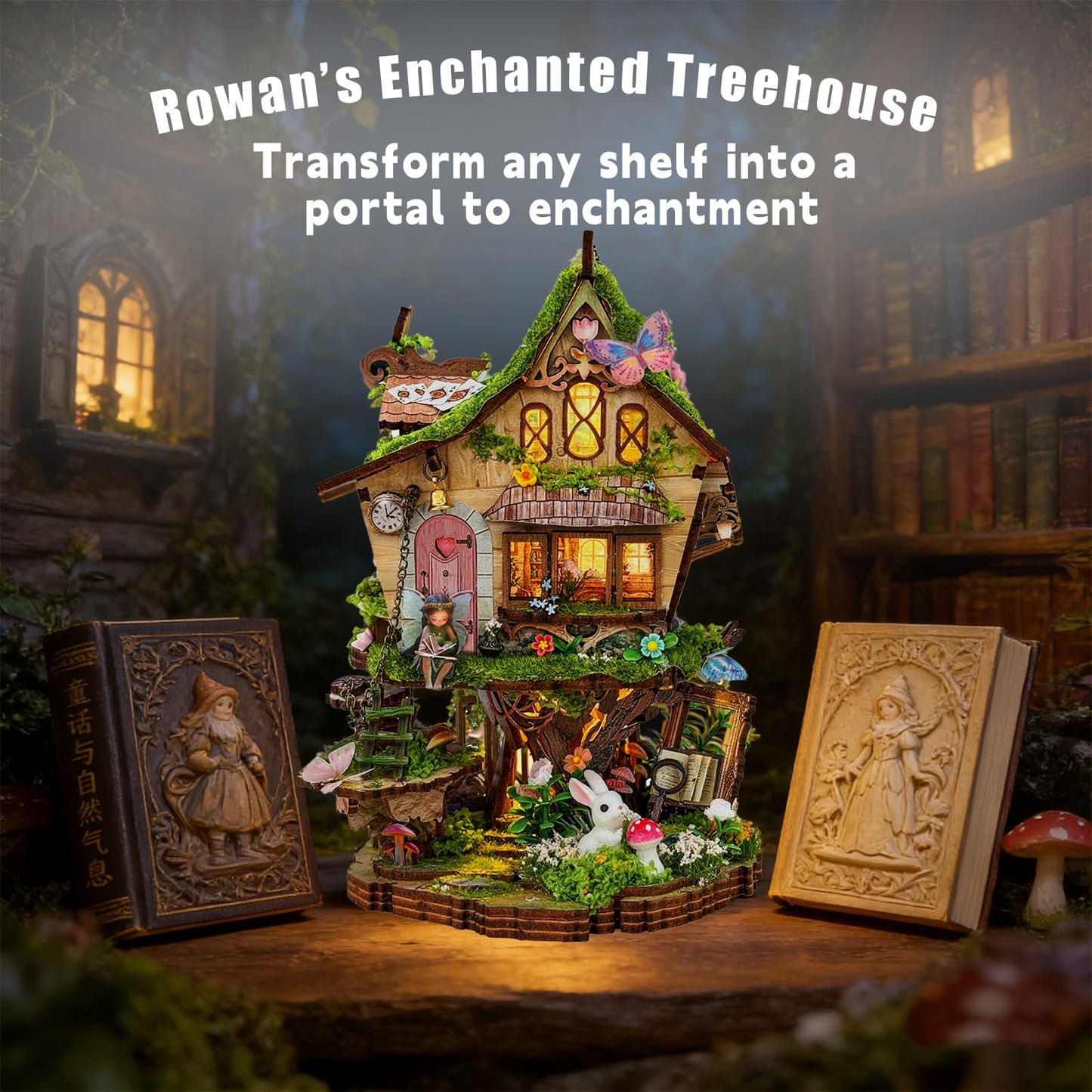 YSWOOD WORLD DIY Miniature House Kit, Mini House Building Kit with LED, DIY Miniature Kit for Adults Teen, Dollhouse Kit, Rowan’s Enchanted Treehouse