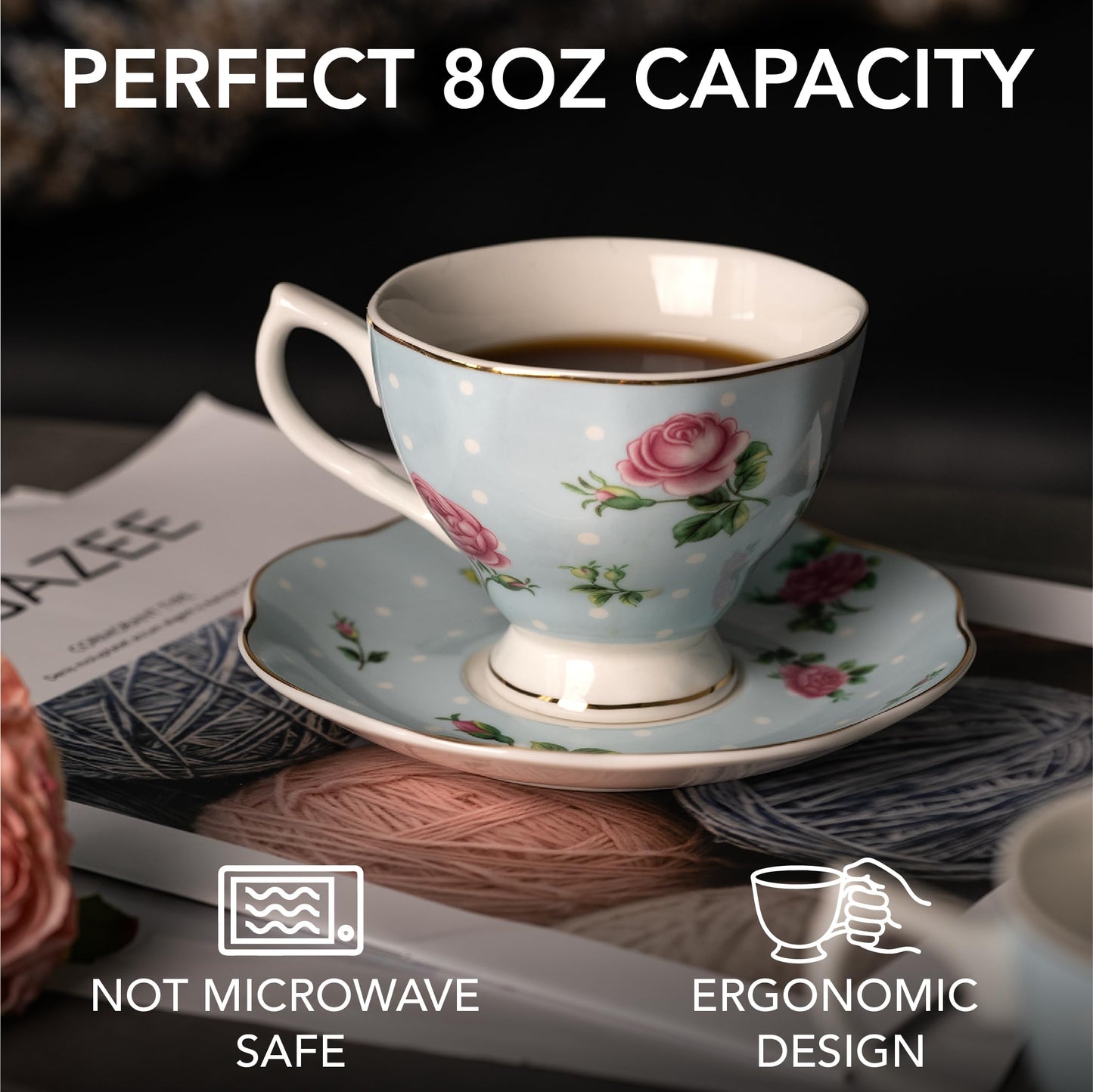 BTaT- Floral Tea Cups and Saucers, Set of 12, 8 oz, Fine Porcelain Teacup Set with Gold Trim for Afternoon Tea, Weddings, Parties & Gifting, Dishwasher Safe, Lightweight, Non-Toxic, Mothers Day Gift