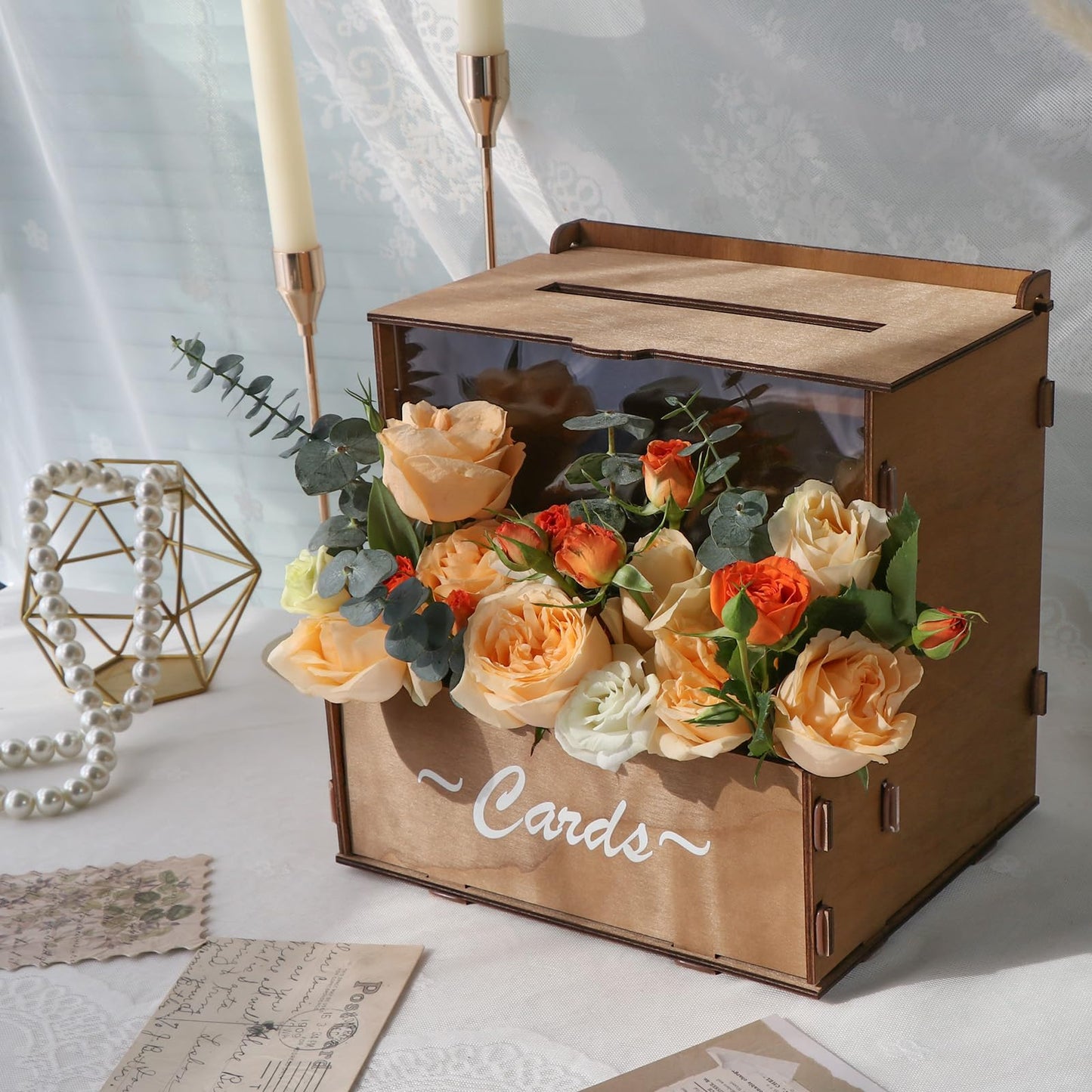 OurWarm Brown Wedding Card Box with Flower Trough & Acrylic Board, Wooden Wedding Card Boxes for Reception, Money Gift Box for Honeymoon, Graduation, Baby Showers, Birthday Party Decorations
