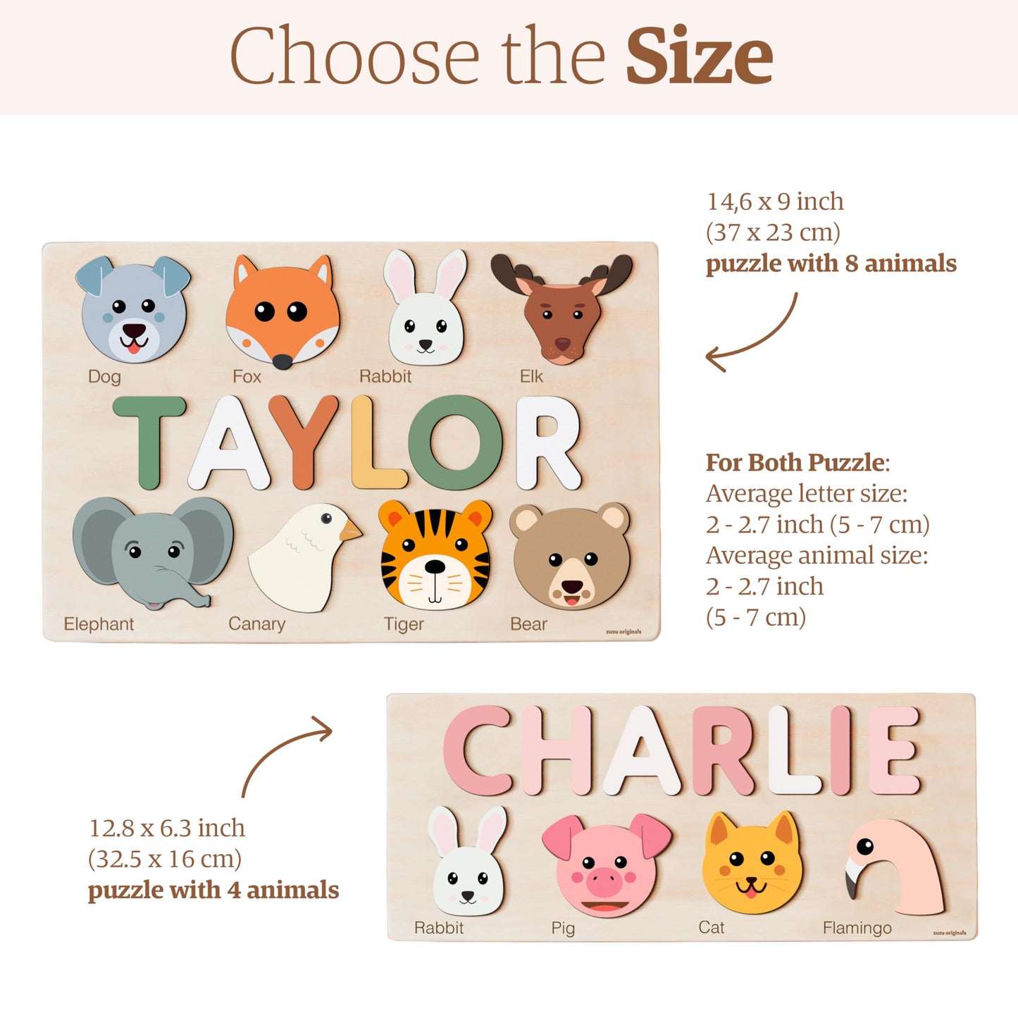 Zuzu Puzzle Personalized Name Puzzle for Toddlers 1-3 | Safari, Farm & 12 Themes | Handmade Wooden Montessori Toy, Keepsake Nursery Decor & Perfect 1st Birthday Gift for Boy Girl