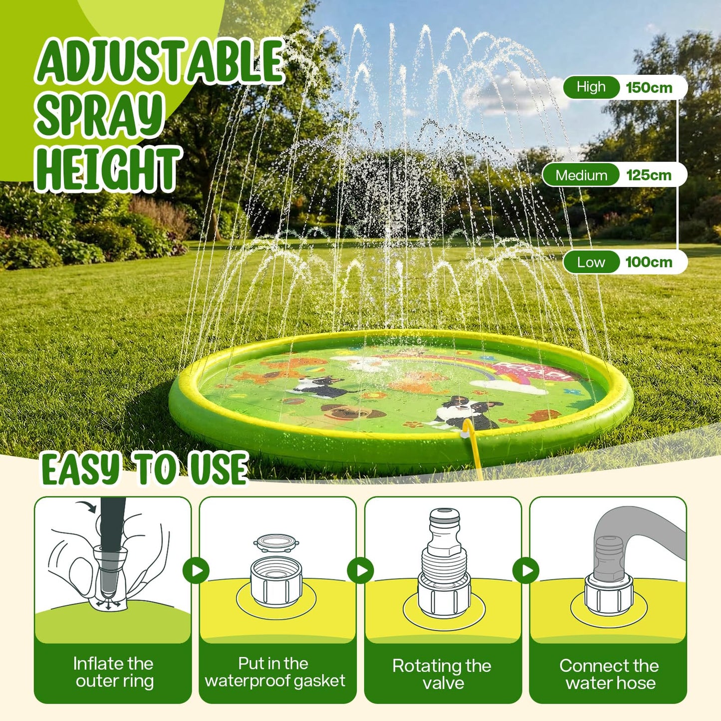 Peradix Splash Pads for Toddlers, 67" Kids Splash Pad with Inflatable Base, Dog Pattern Sprinkler Mat for Kids, Summer Water Toy for Backyard Garden Lawn, Baby Pool Learning Gift for Boys Girls Dogs
