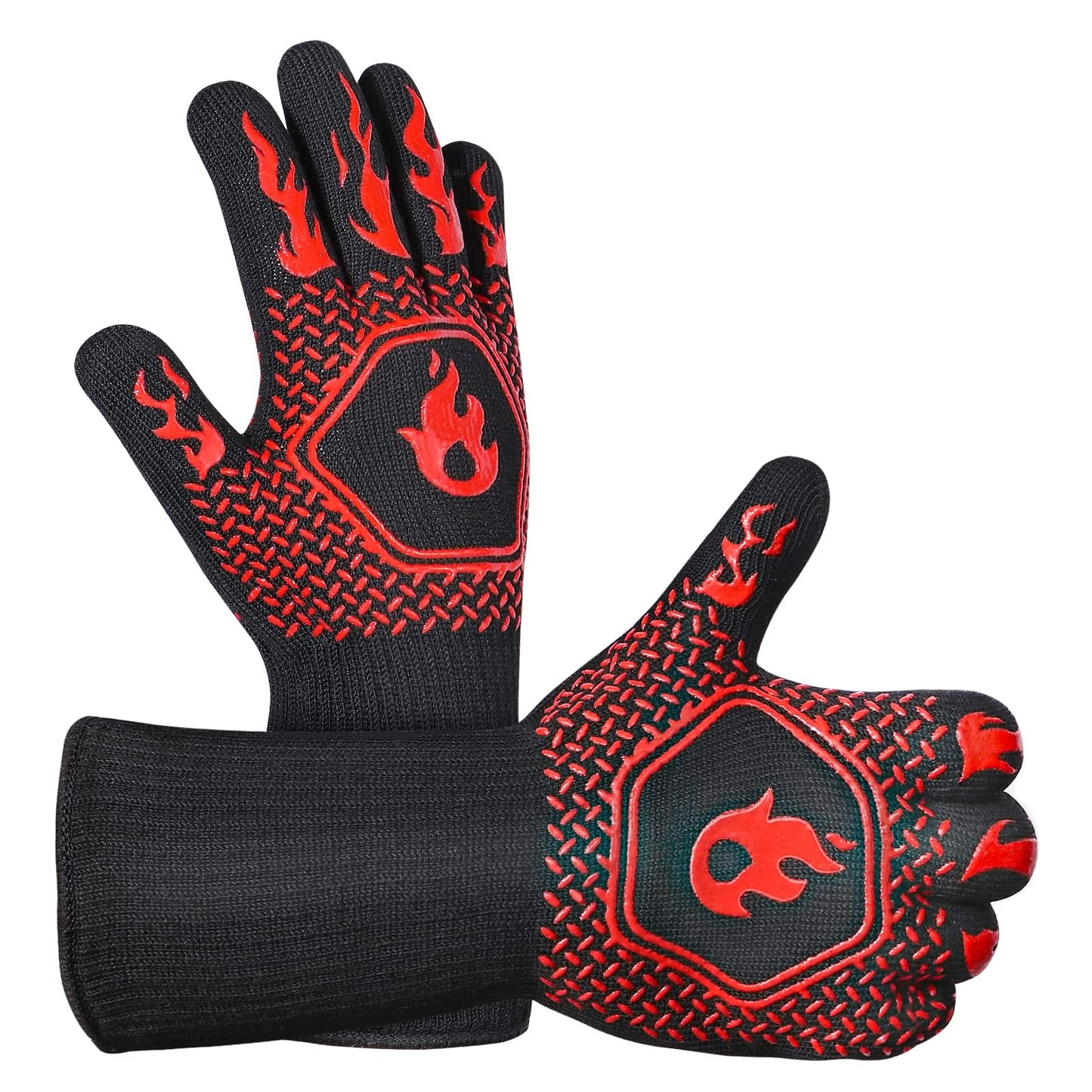 BBQ Grill Gloves : 1472 ℉ High Temp Resistance Fireproof Glove for Grilling Barbecue - Washable Long Silicone Oven Mitts Extreme Hot Proof Mittens for Kitchen Cooking Baking