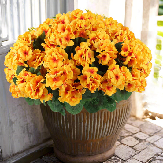 Hananona Artificial Geranium Flowers for Outdoors Geranium Silk Flowers Outdoor UV Resistant Garden Plants Faux Flowers for Home Kitchen Table Centerpieces Decor (6, Yellow)