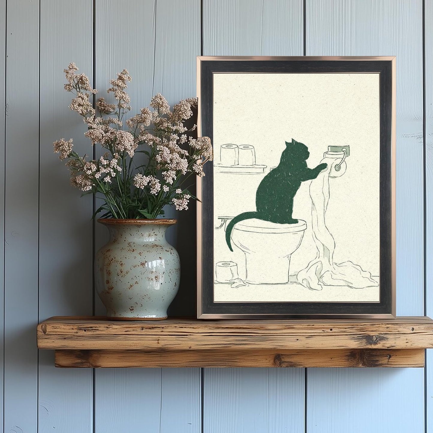 Framed Funny Cat Bathroom Wall Art Minimal Black Cat Toilet Paper Sketch Line Drawing Canvas Print Humorous Decor for Bathroom Guest Toilet Ready to Hang 12inx16in