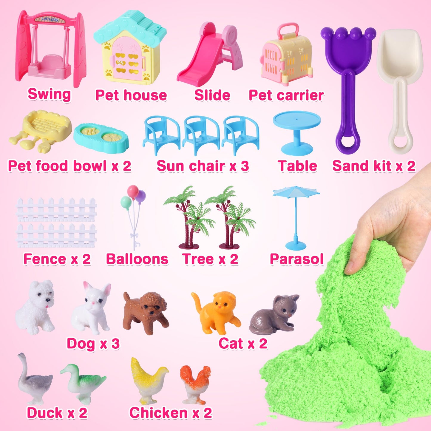 Billeeit Pet Sensory Bin Sand Toy with 2.2lbs Green Moldable Sand, Dog ＆ Cat Play Sand Kit for Boys and Girls Including 28pcs Accessories Total, Sand Box Toys Gift for Kids 3+ Indoor Creativity