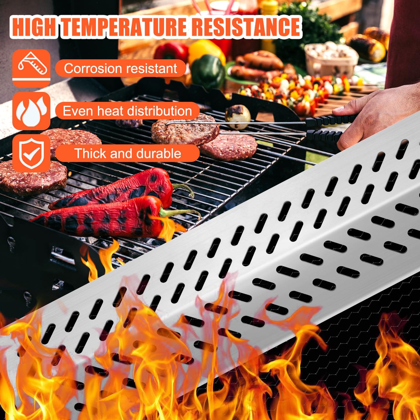 LPTNFRTN Stainless Steel 5pcs 16631 Flame Tamer Flavor bar and 4pcs 16520 Heat Plate Shield with 5 pcs 16517 Cooking Grates for Bull Grill Replacement Parts,for Bull Angus 5 Burner Grills