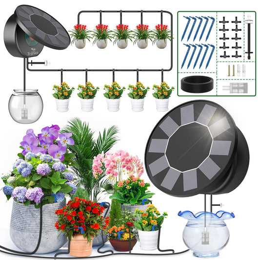 TRJZWA Solar Automatic Drip Irrigation System Kit, Auto Watering Kit for DIY Garden Watering System with 9 Timing Modes and Anti-Siphon Set，Indoor/Outdoor Garden, Balcony & Patio Irrigation System