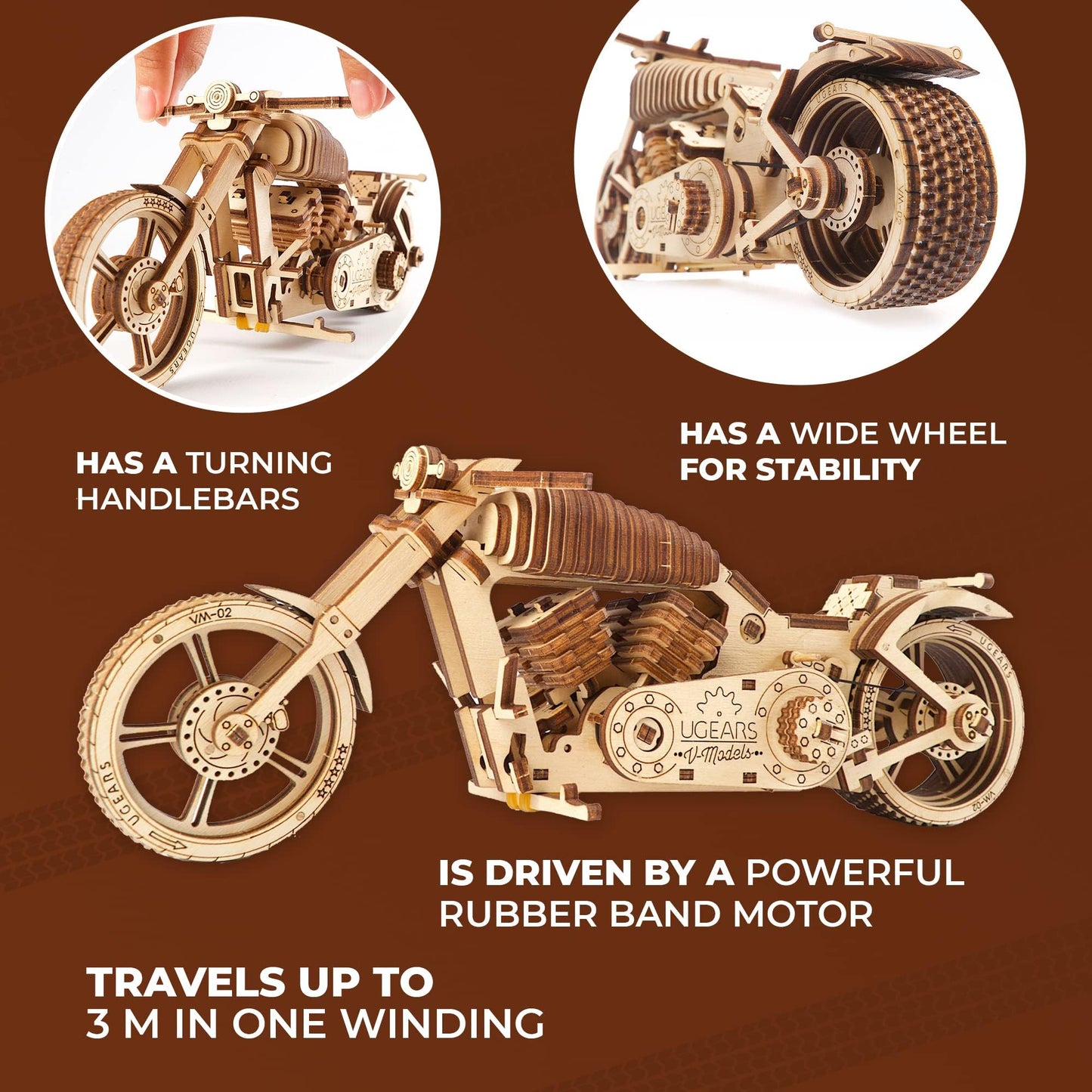 UGEARS Bike DIY Kit – Wooden Mechanical Motorcycle Project – Bike VM-02 Rubber Band Engine – for Vehicle Passionate and Bikers – Plywood Model with Wide Back Wheel – Refined Gift Idea