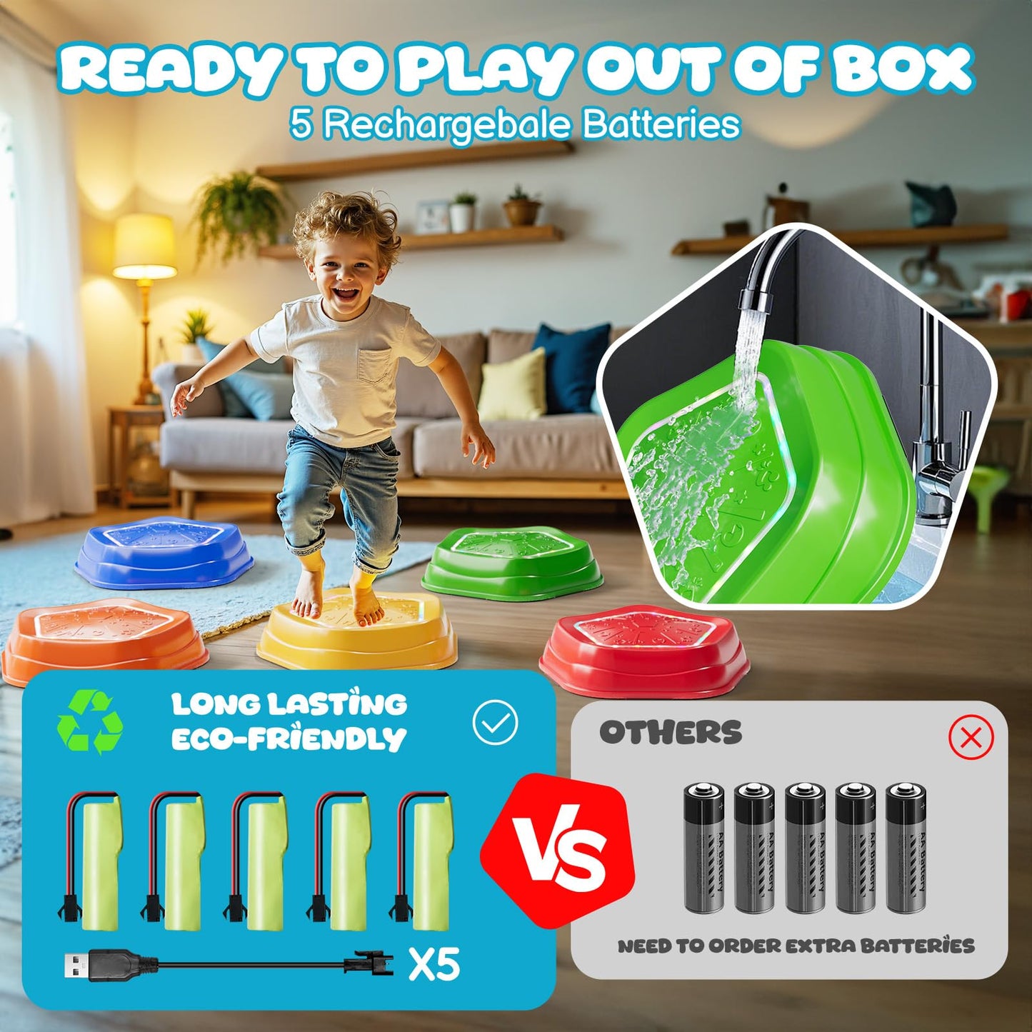 Calo 5Pcs Rechargeable Stepping Stones for Kids Toddler 3-5 with Light&Music,Balance Sensory Stepping Stones Indoor Outdoor Play,5 Long-lasting Batteries, Instant Response,Upgraded PVC, Support 200LBS