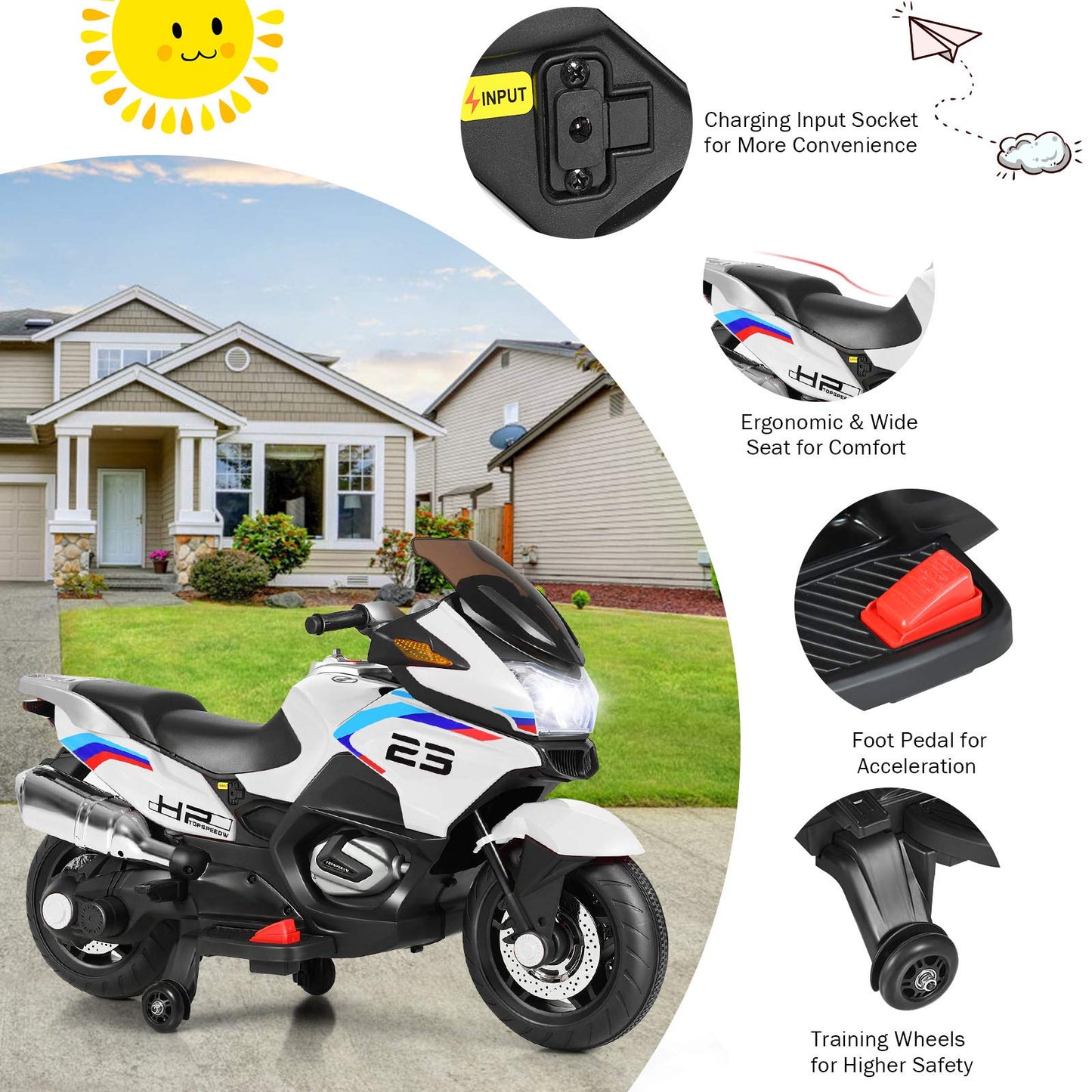 FUTADA Kids Ride on Motorcycle, 12V Kids Electric Motorcycle w/Training Wheels, Bright LED Light, Music, Foot Pedal, Battery Powered Tricycle Toy, Birthday Gift for Children, Girls Boys (White)