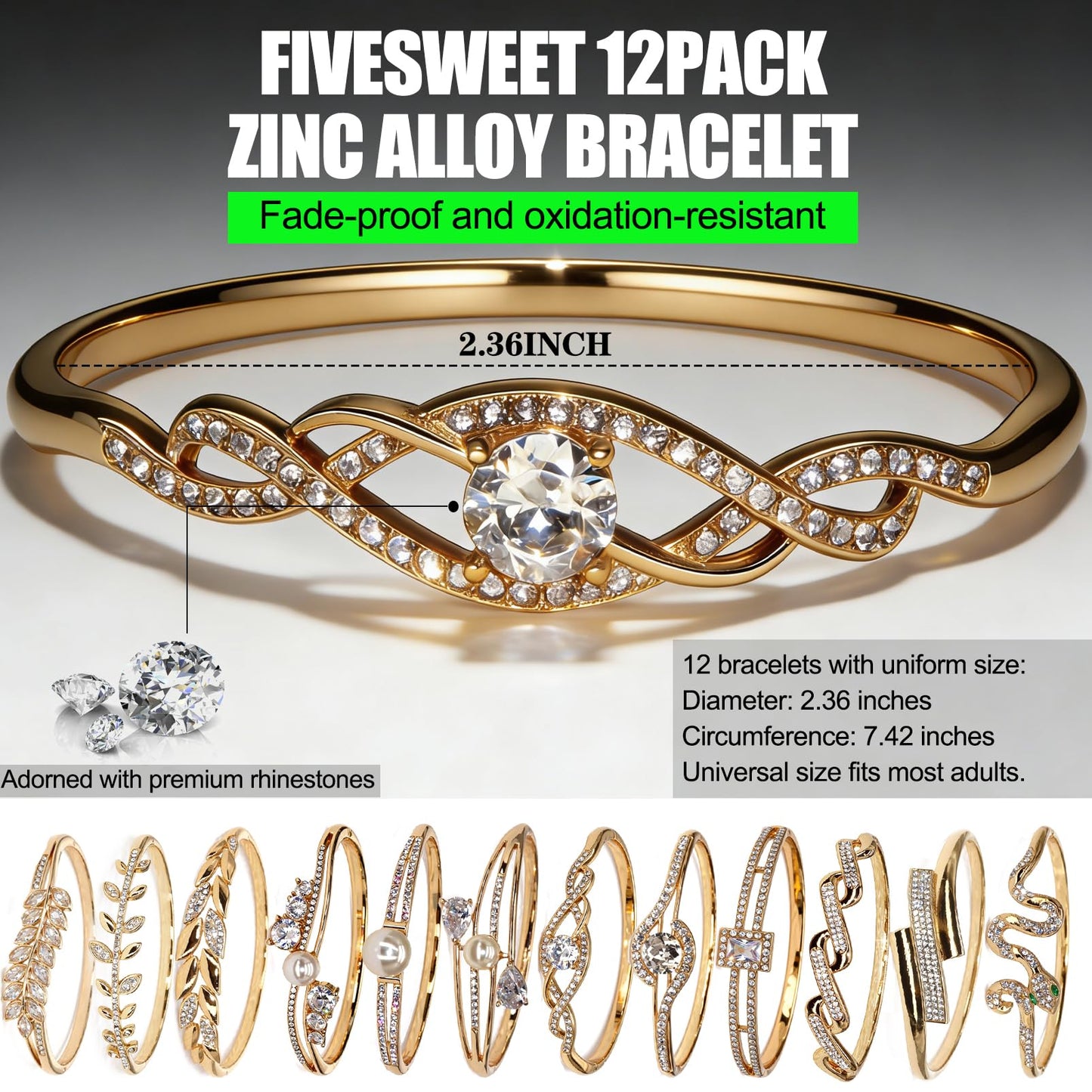 12 Pack Women's Gold/Silvery Bangle Bracelet Bulk Set - Pearl/Cubic Zirconia/Leaf Wheat Pattern/Crystal Inlays - Fashion Trendy Lightweight Stackable Jewelry - For Daily Wear, Special Occasions & Women Gift for Her, Girlfriend, Wife, Mom, Sister, Lover on