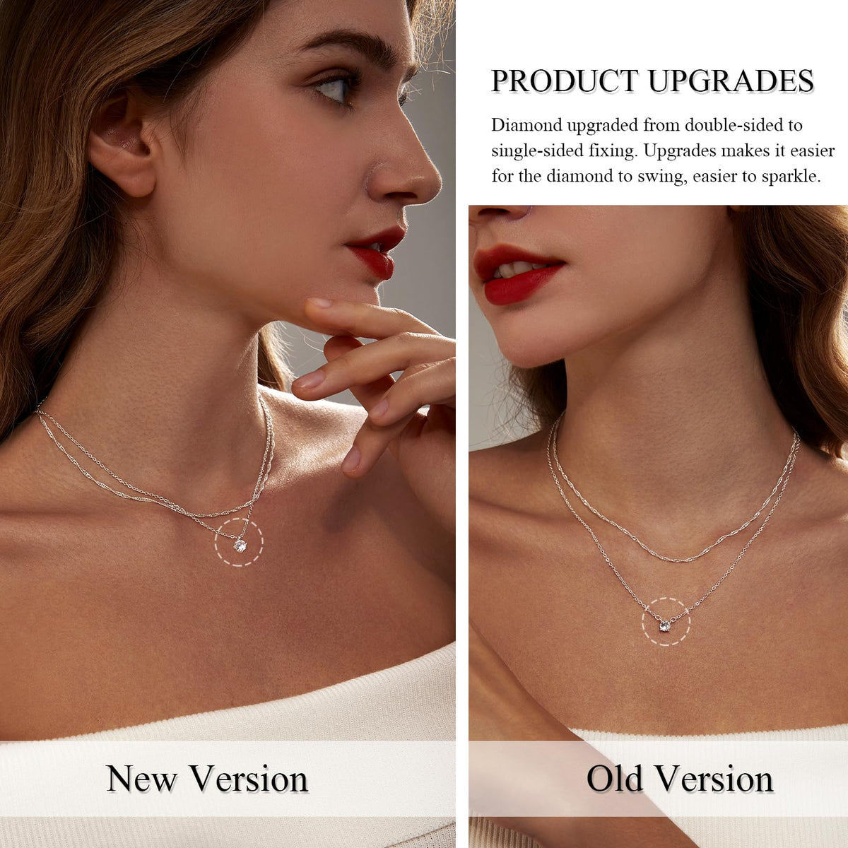 Zeffy Silver Necklace for Women Dainty Silver Layered Necklaces Silver Plated Diamond Necklaces Simple CZ Solitaire Pendant Necklace Cute Silver Chain Choker Necklaces for Women Trendy