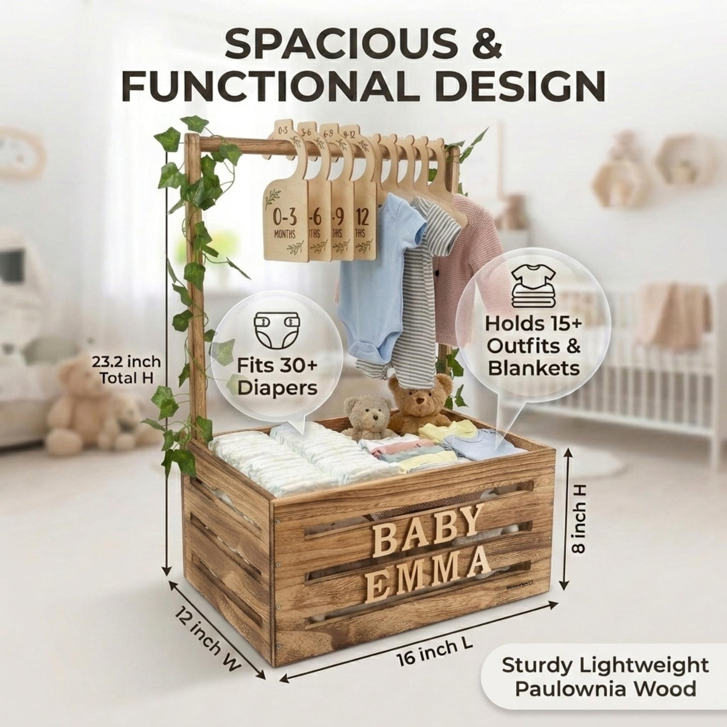 Lifemories Wooden Baby Shower Crate Closet & Basket with Hanger Rack - Customizable Gift Basket with 2x Alphabet Letter Sets, Hangers, Dividers, Ivy Garland,Nursery Decor Girls Boys(Rustic Burnt Wood)
