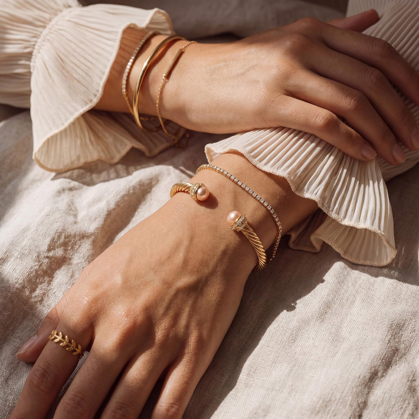 Fettero Gold Cuff Bangle Bracelets for Women - 14K Gold Plated Adjustable Open Cuff Friendship Bracelets Twisted Cable Bangle Bracelet Lightweight Pink Pearl Bracelet for Dainty Jewelry
