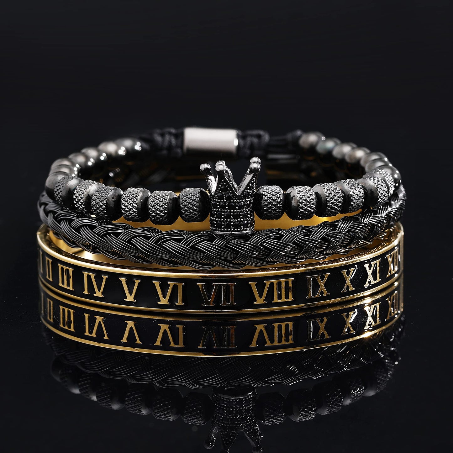 WFYOU 3PCS Stainless Steel Bracelets for Men Gold Roman Numeral Bangle Bracelet Twisted Cable Bracelet Adjustable Cuff Bracelet Mens Luxury Jewelry Bracelets Gifts(I:Black)