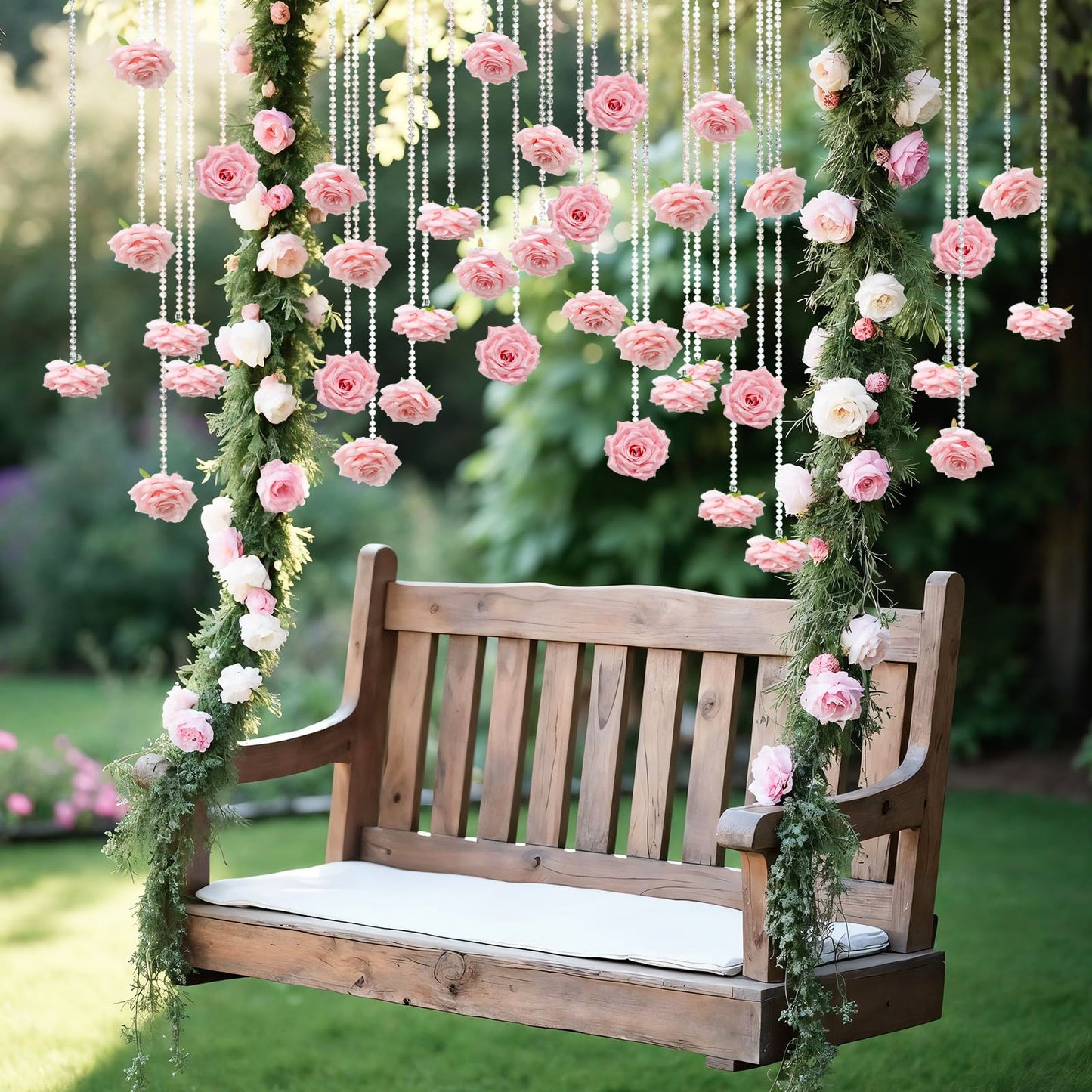 FYSUIMU 24Pcs 31.5 Inch Wedding Pink Artificial Rose Vine Garland Faux Flower Crystal Bead Hanging Garland for Valentine Birthday Wedding Party Decoration DIY Crafts Supplies