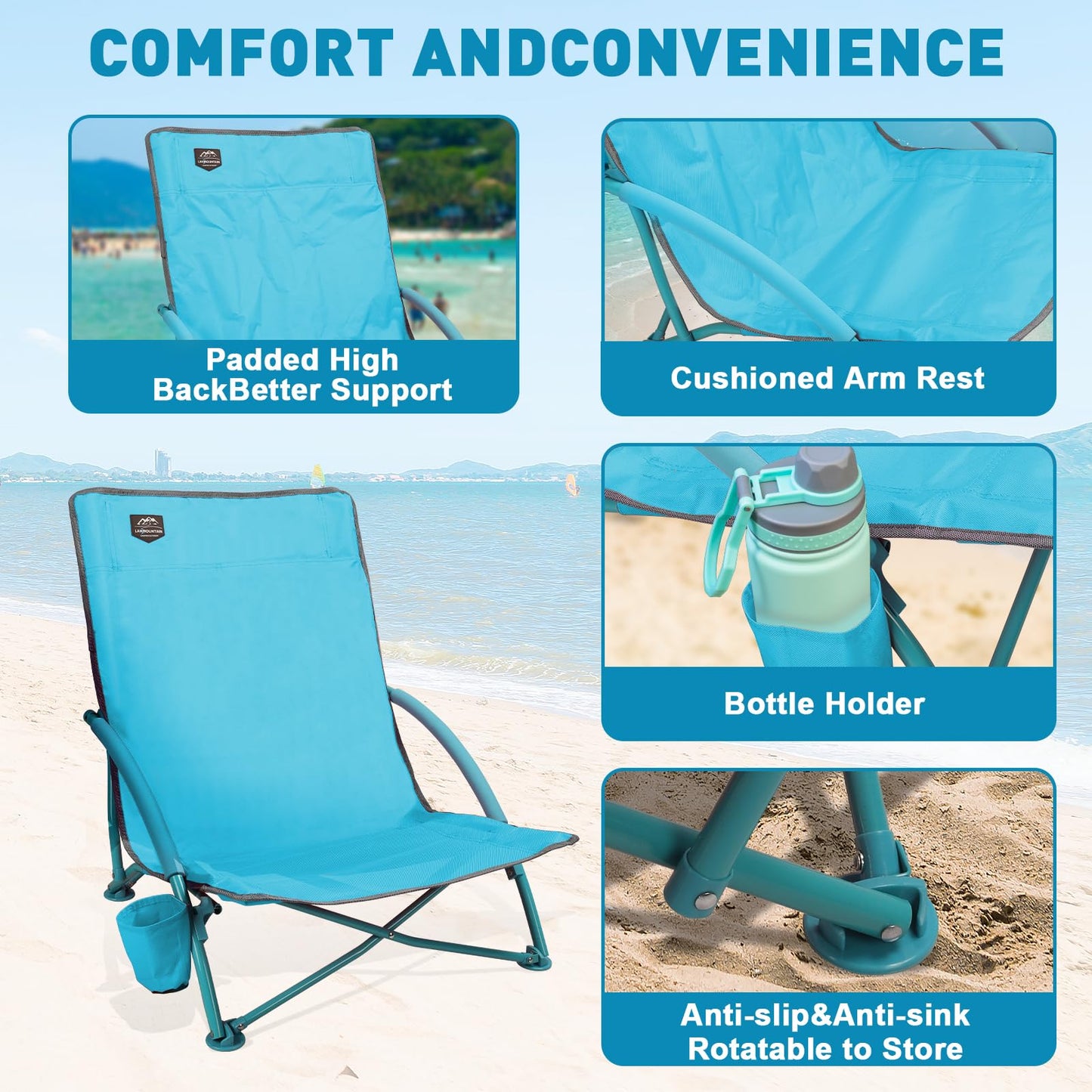 LANMOUNTAIN 2 Pack Low Beach Chair,Folding Recliner Camping Chair for Adults,Lightweight Backpacking Low Seat Camping Chairs with Cup Holder,Carry Bag for Outdoor Camp Lawn Picnic Festival,Blue