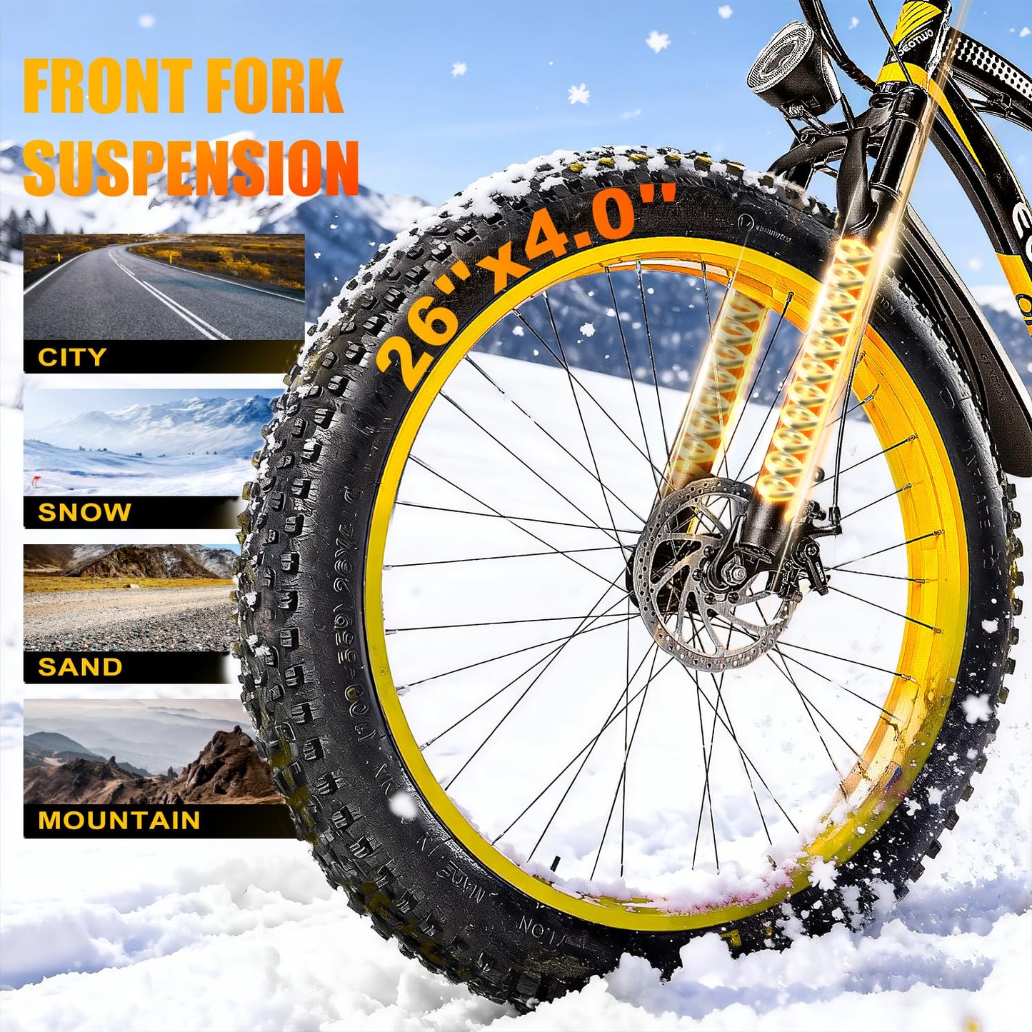 EOEOTWO 26" Fat tire Electric Bike for Adults, 1500W Peak Motor, 60 Miles Range Mountain Ebike, 34 MPH Speed,48V 15Ah Removable Battery, Off Road Mountain Commuting for Men, 7 Speed Yellow