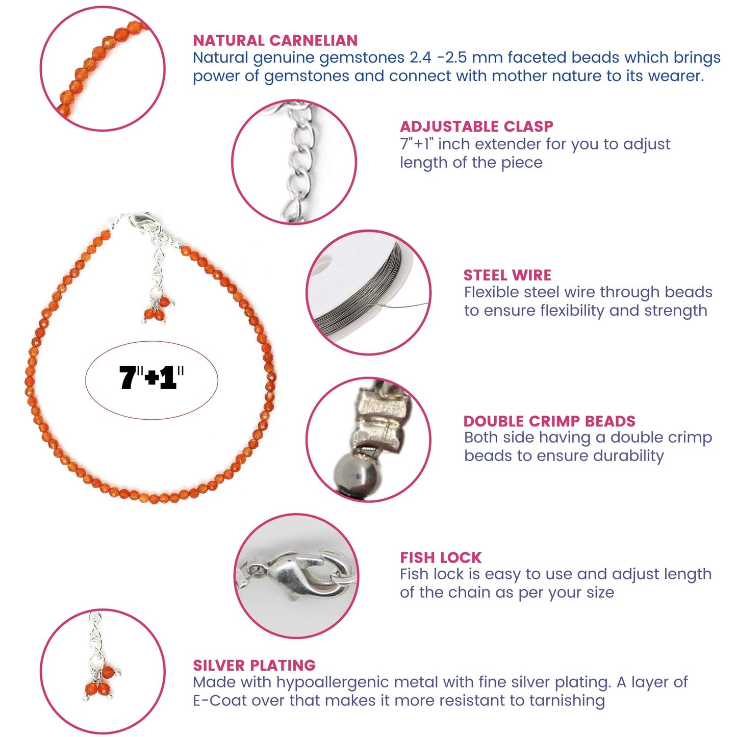 Gempires Handmade Carnelian Gemstone Beaded Bracelet for Women | 2.4–2.5 mm Faceted Natural Stone | Adjustable 7+1 Inch Silver Plated Chain | Dainty Minimalist Stacking Jewelry | Orange Stone Gift