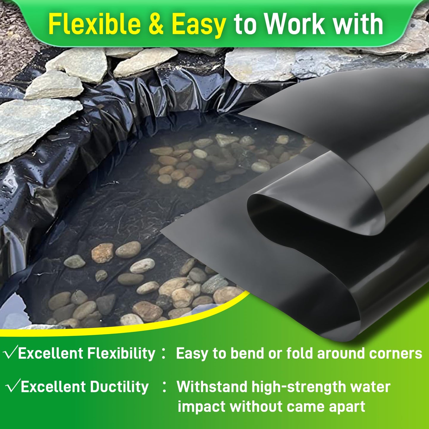 Sinimaka Pond Liner 16 x 20 Ft, HDPE Durable Pond Liners for Outdoor Ponds, Pond Liners for Fish, Koi, Water Garden, Waterfall, Fountain