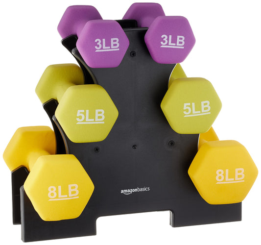 Amazon Basics Neoprene Dumbbell Hand Weights with Easy to Assemble Stand, 3 Pairs (3, 5, and 8 Pounds), Purple/Green/Yellow