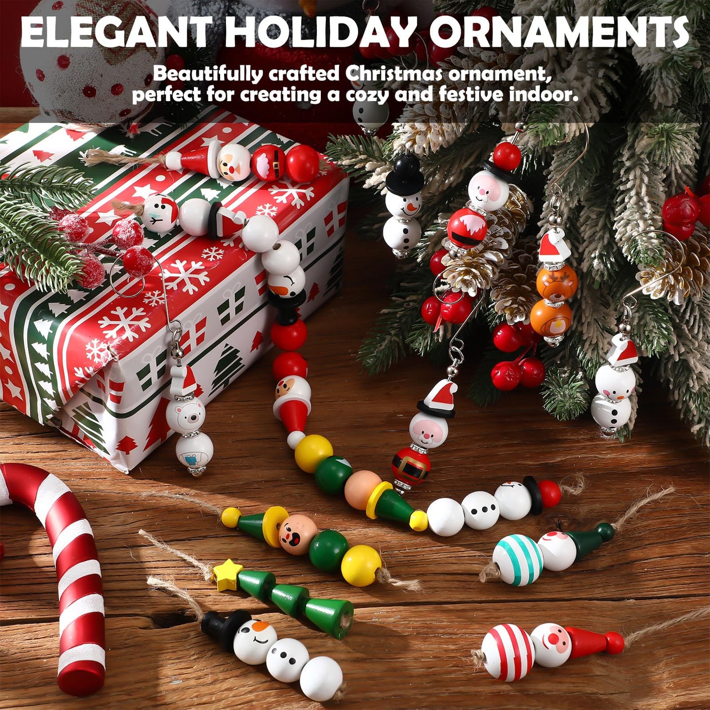 Ferreve 195 Pcs DIY Christmas Beads Ornaments Kits with Twine Beadable Blank Christmas Tree Hangers Elk Snowman Elf Wooden Bead for Xmas Tree Hangers Garland Crafts Winter Party Farmhouse Home