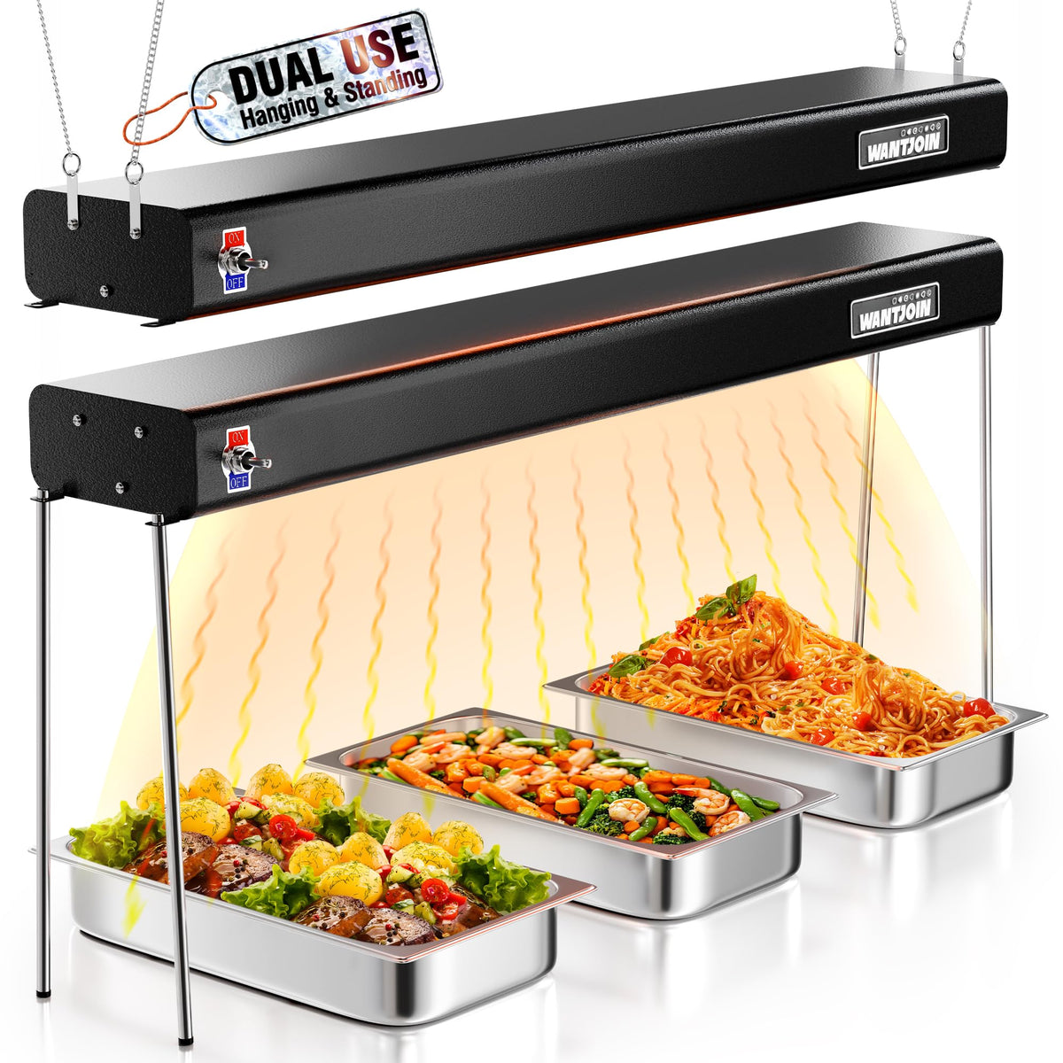 WantJoin Food Heat Lamp - 35 Inch Commercial Food Warmer Lamp Strip, 750W 86-176°F/30-80°C Electric Aluminum Hanging & Freestanding Dual-Use Heat Lamps for Kitchen Catering Restaurant Buffet, Black