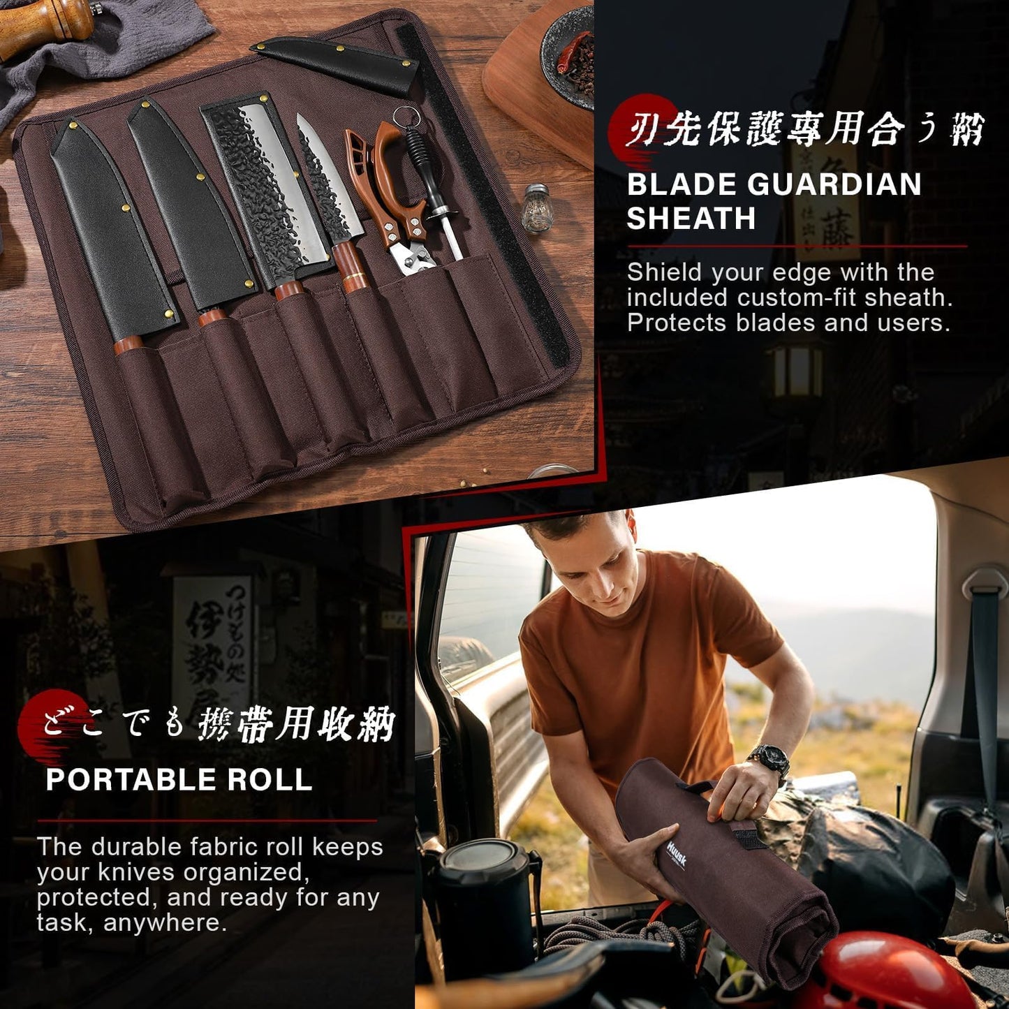 Huusk Japanese Knife Set 6pcs with Covers - Professional Chef Knife Set with Bag & Sharpener, High Carbon Steel Forged Knives Sets with Scissors, Japanese Kitchen Knives Sets, Christmas Gifts for Men