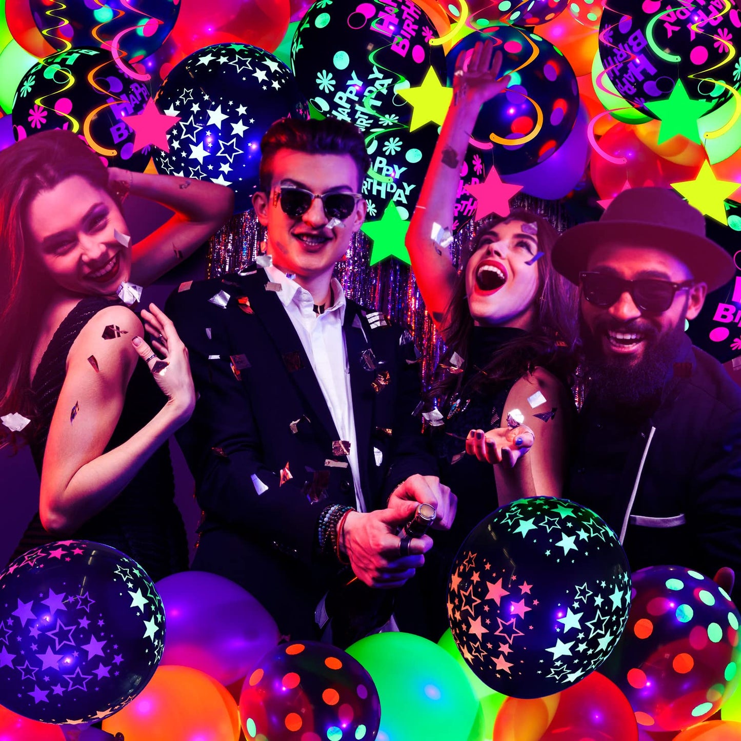 Jetec 71 Pcs Neon Birthday Party Supplies Decorations Include Clear Glow in The Dark Balloons, UV Neon Balloons, Star Hanging Swirls, Rave Theme Birthday Decor Banner Accessories Supplies